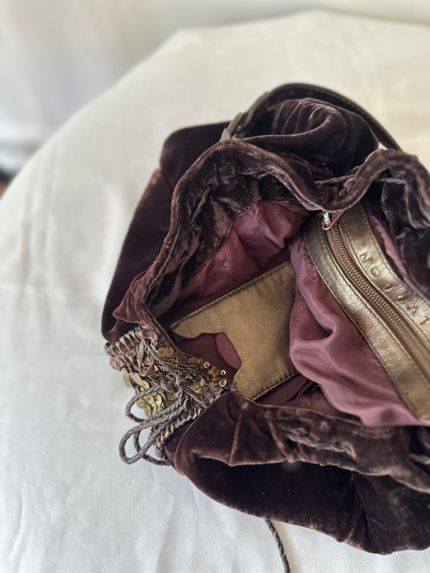brown velvet hobo bag