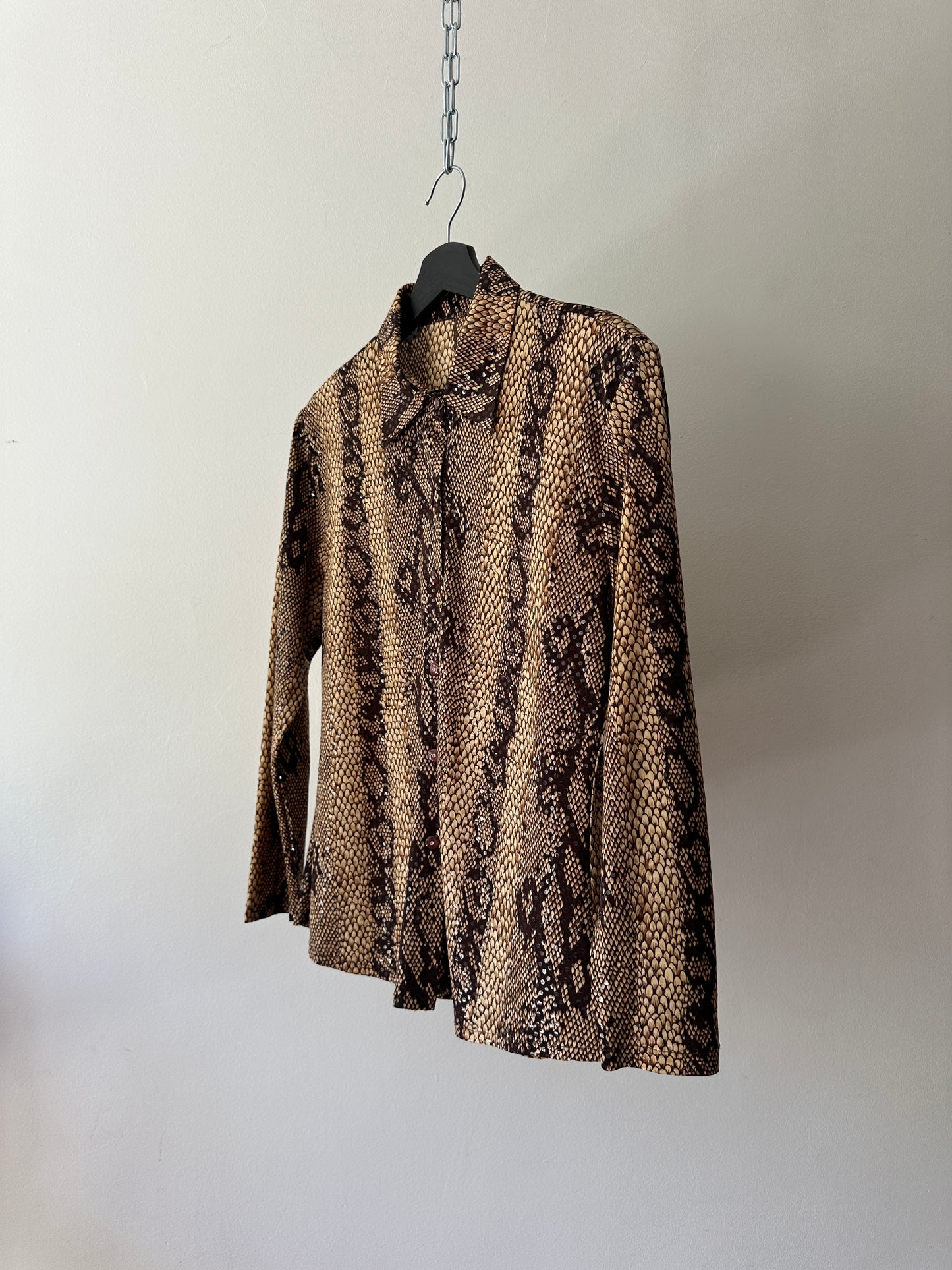 brown snake skin patterned glitter button up