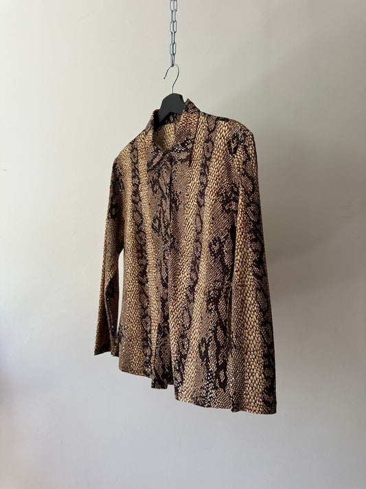 brown snake skin patterned glitter button up