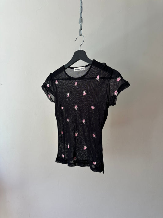 sheer flower short sleeve crop