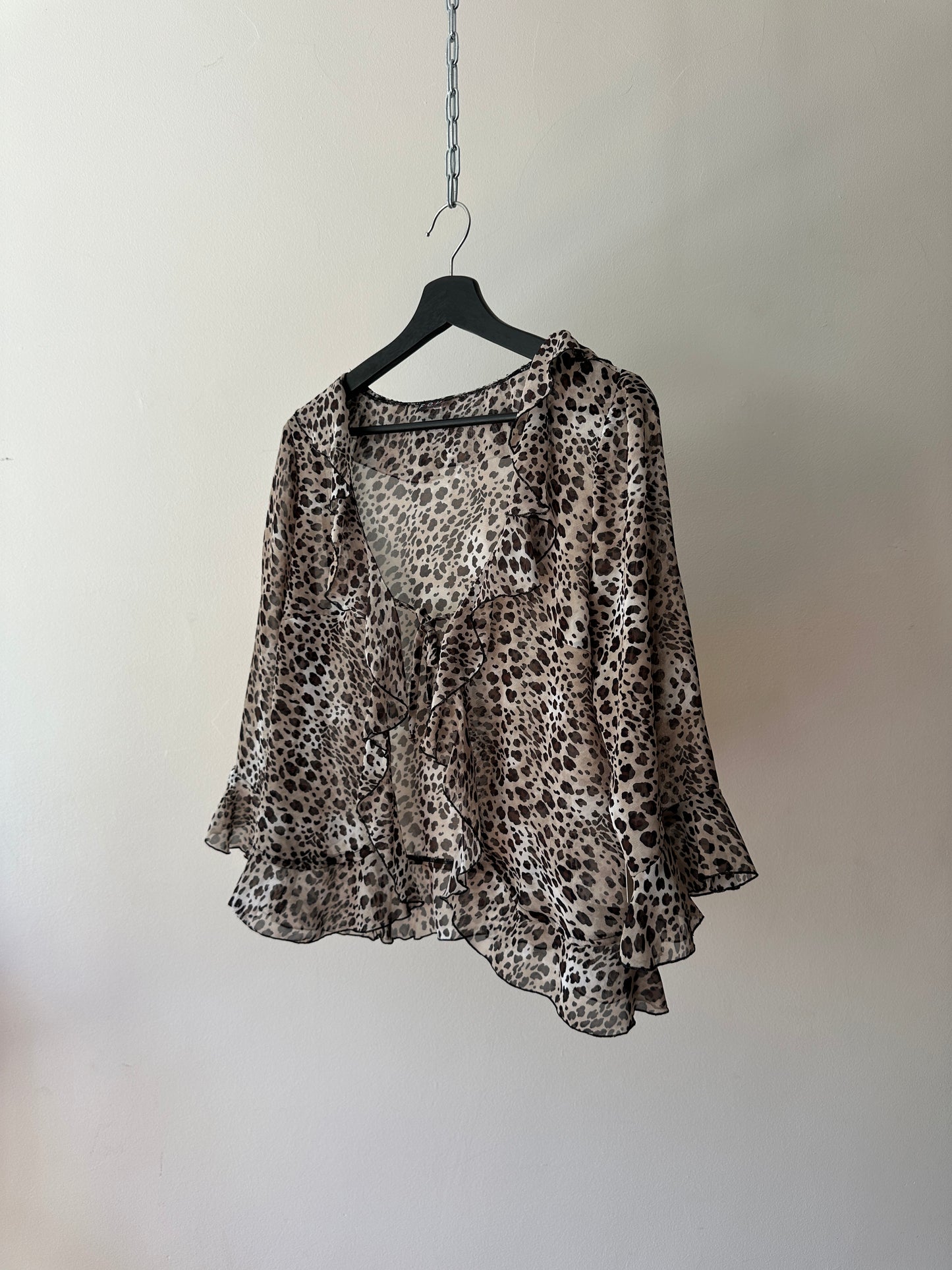 sheer leopard print ruffled blouse