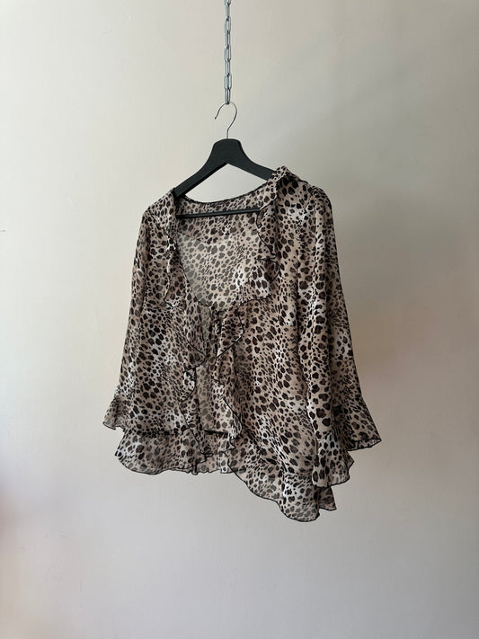 sheer leopard print ruffled blouse