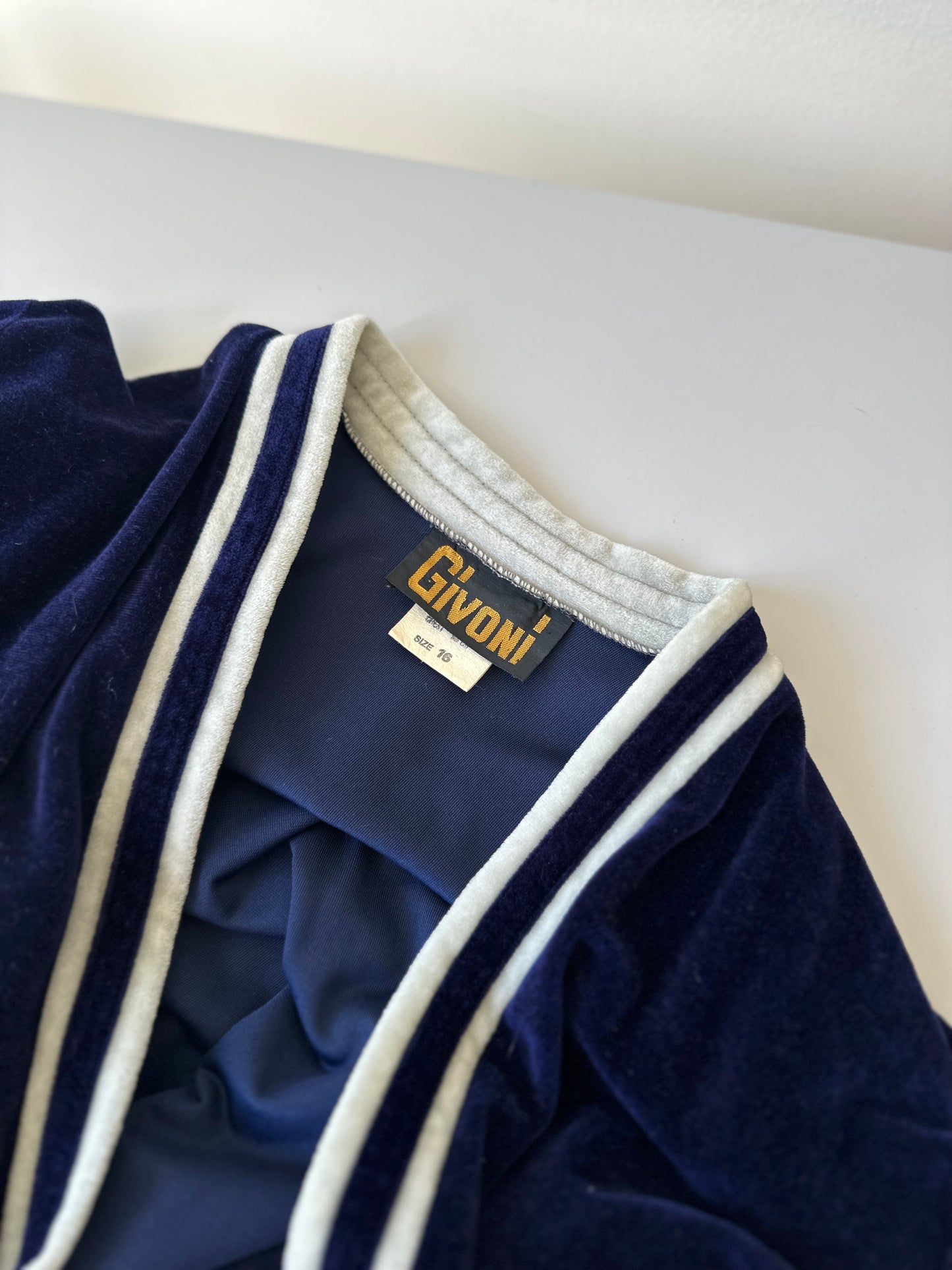 navy and white velour dressing gown