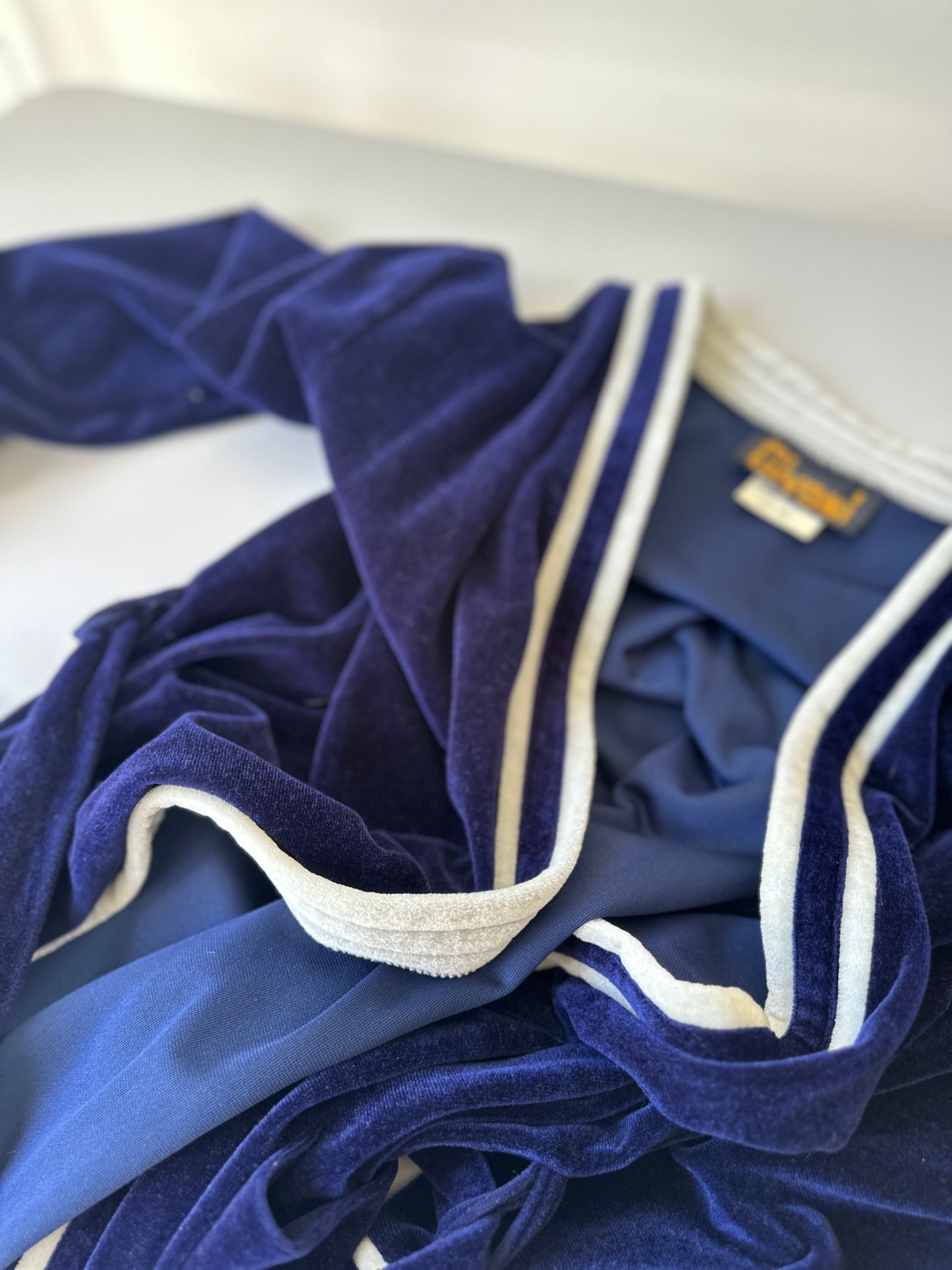 navy and white velour dressing gown