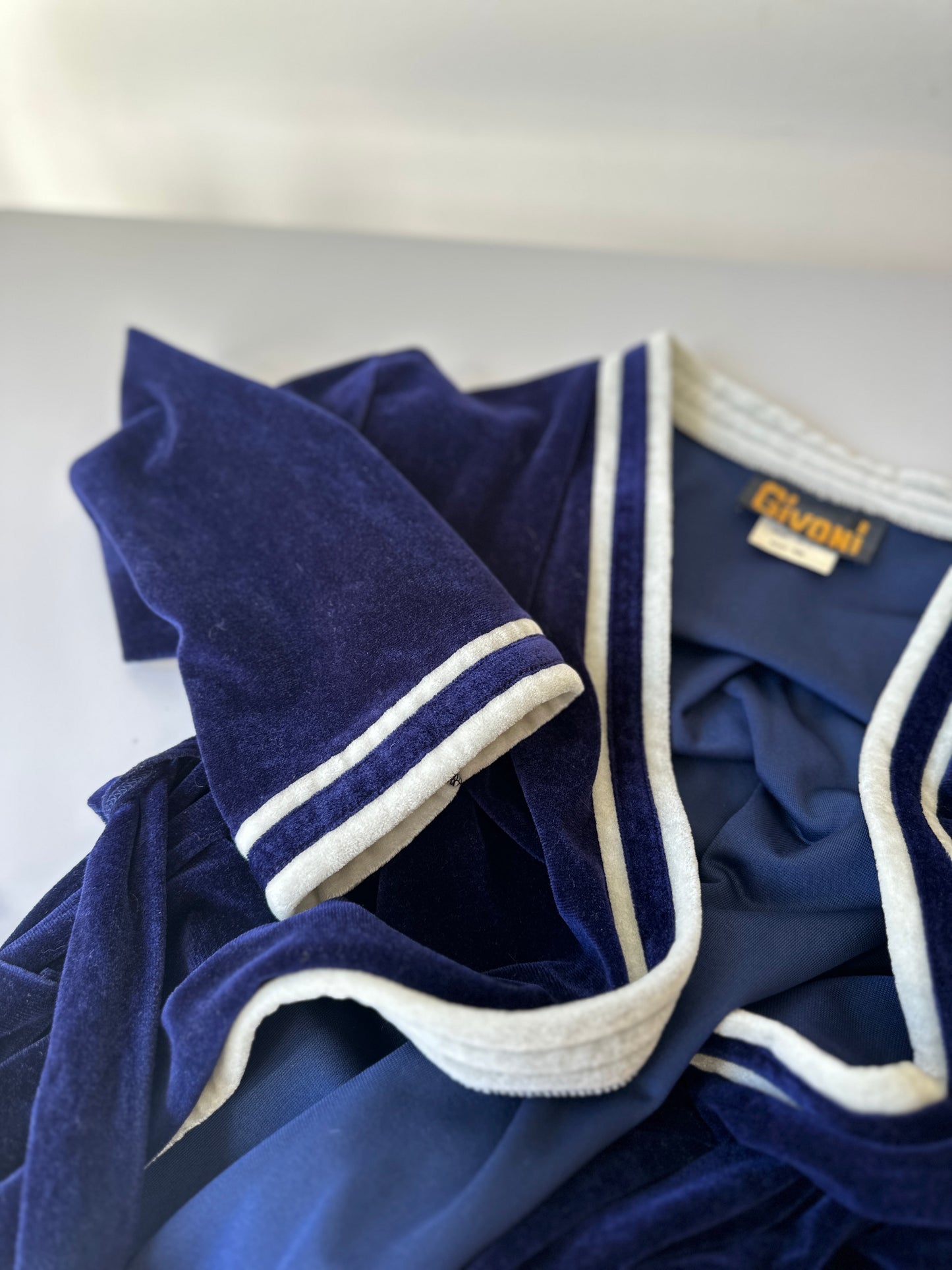navy and white velour dressing gown