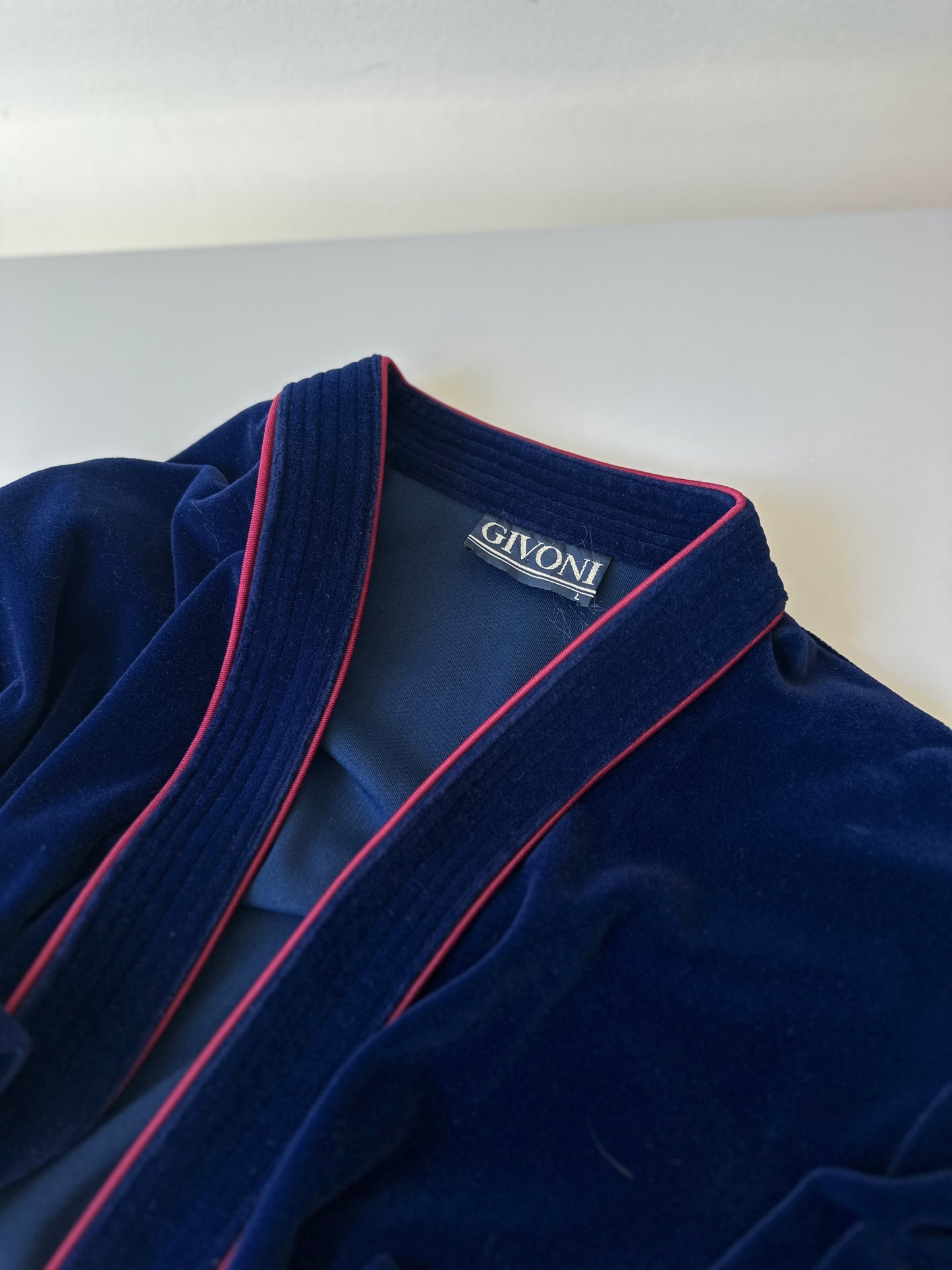 navy and red velour dressing gown