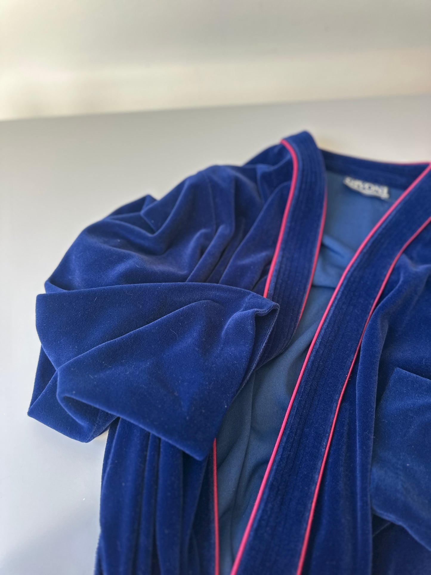 navy and red velour dressing gown