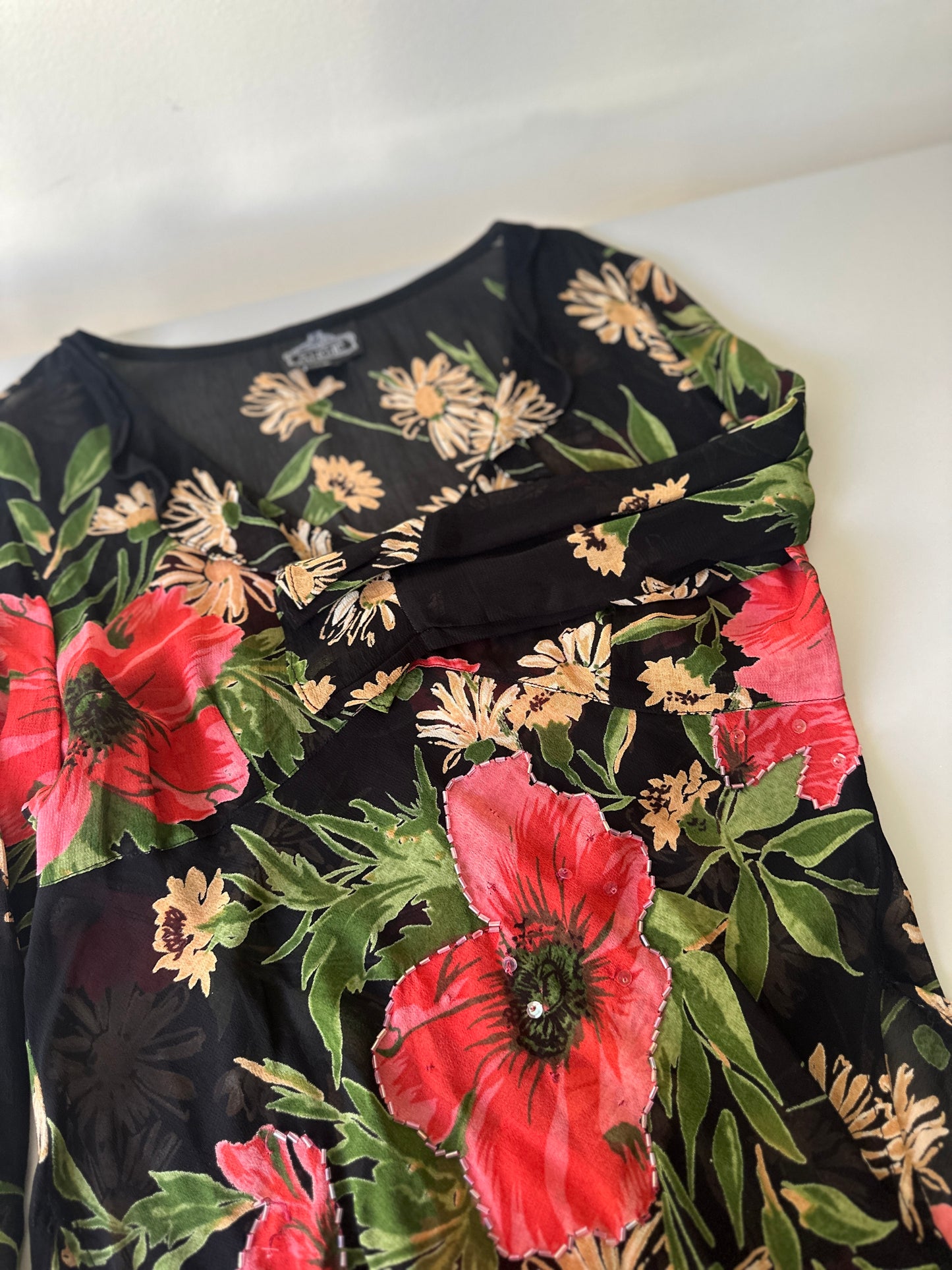 sheer floral beaded blouse