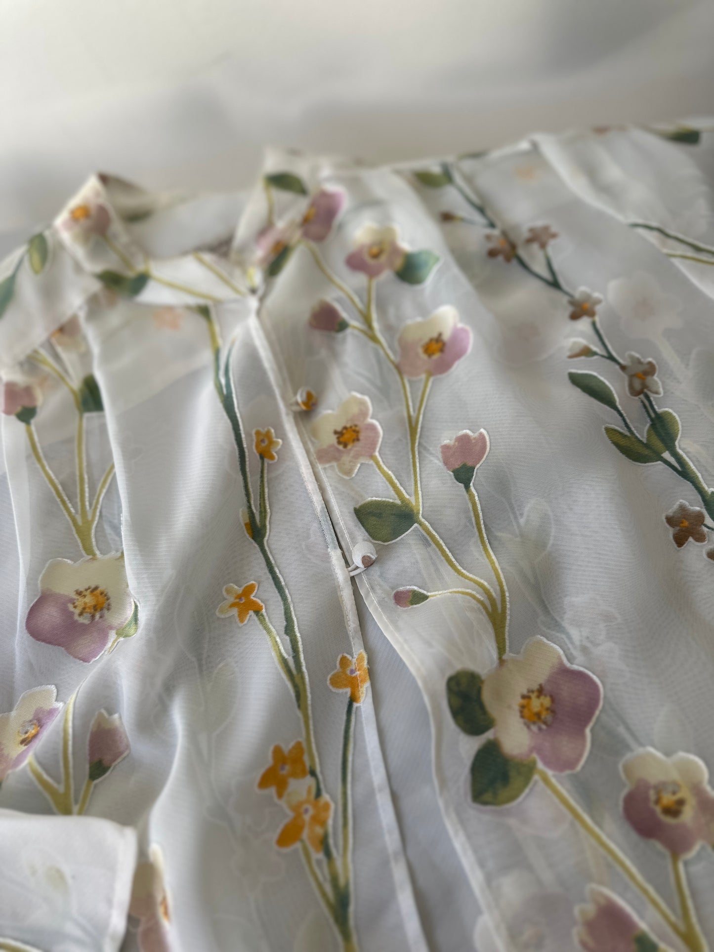 sheer long floral silk blouse