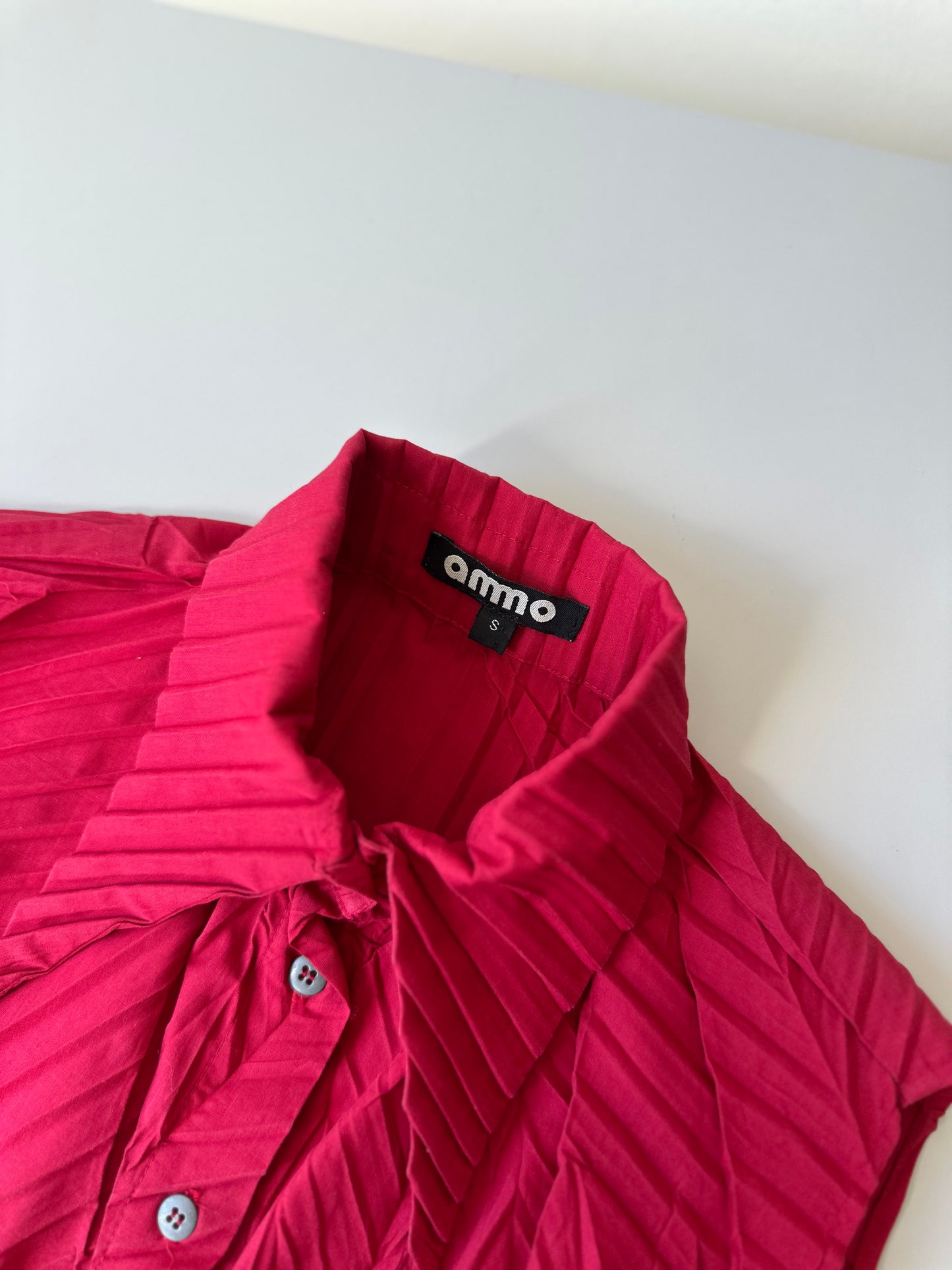 vibrant red pleated short sleeve button up