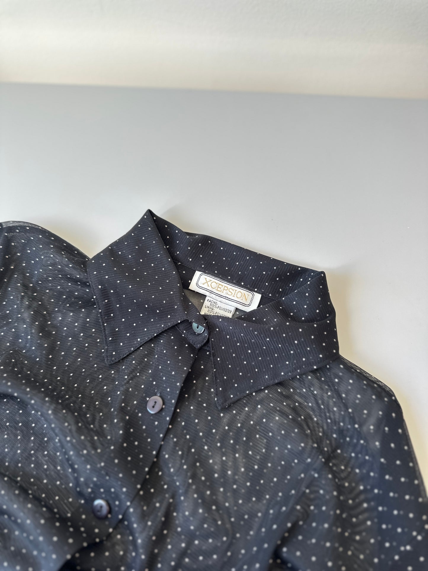 sheer stretchy polka-dot button up blouse