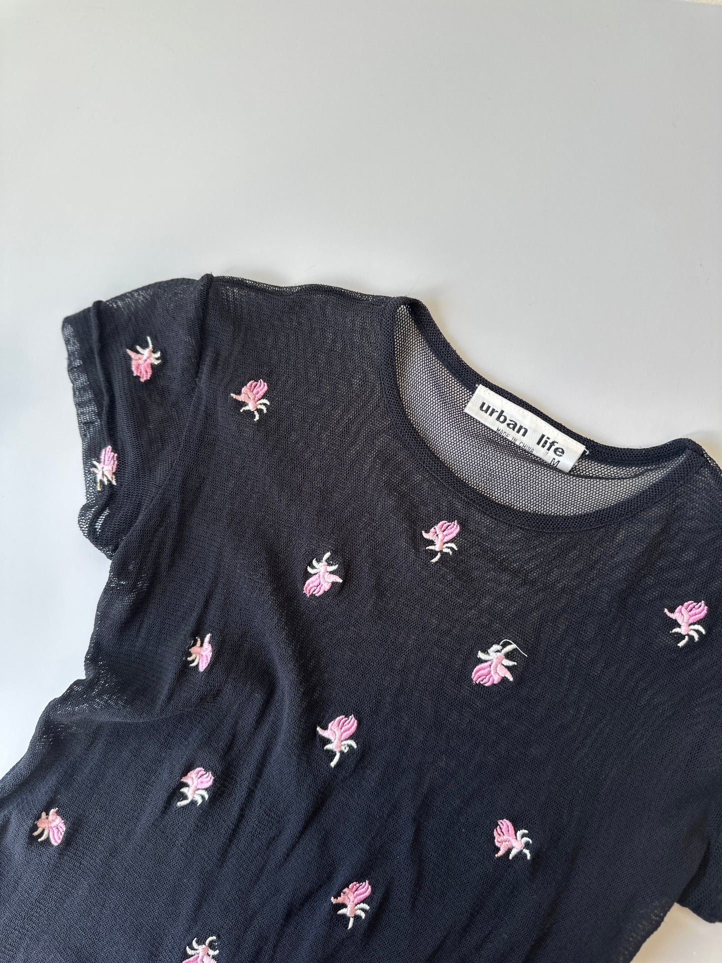 sheer flower short sleeve crop