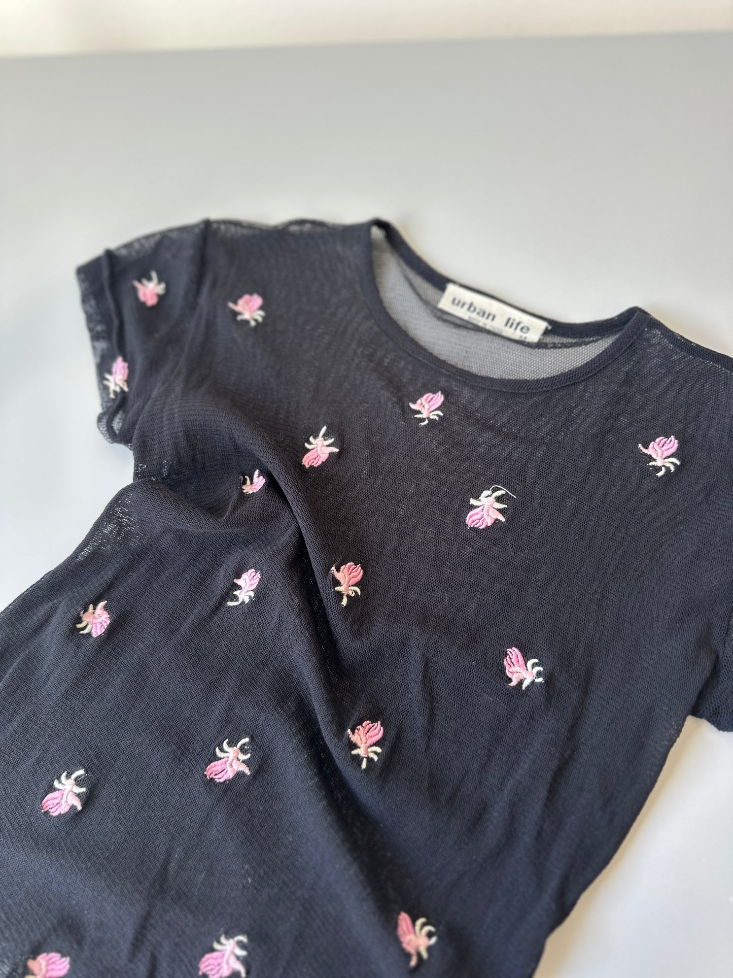 sheer flower short sleeve crop