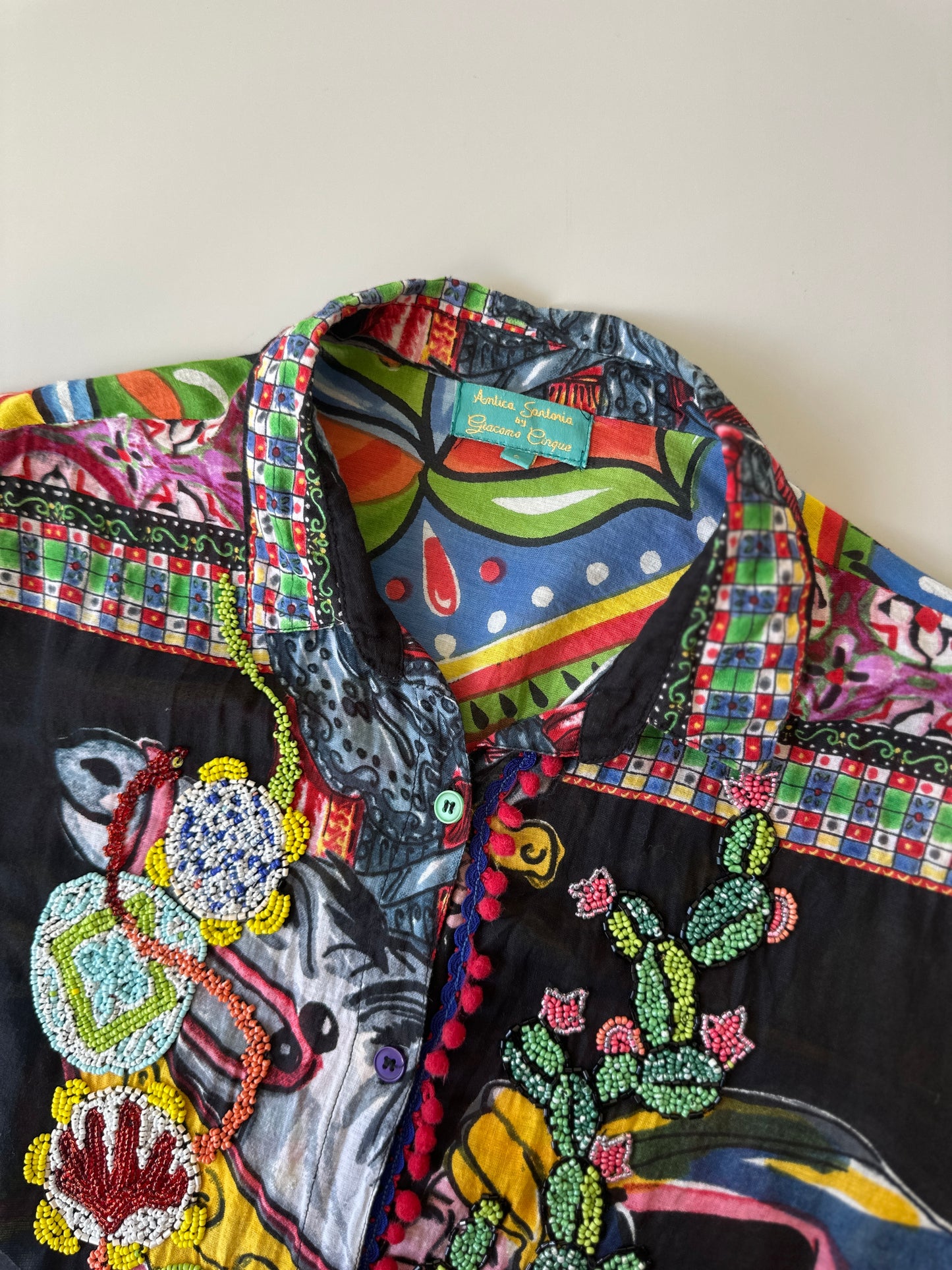 multicoloured patterned & beaded button up