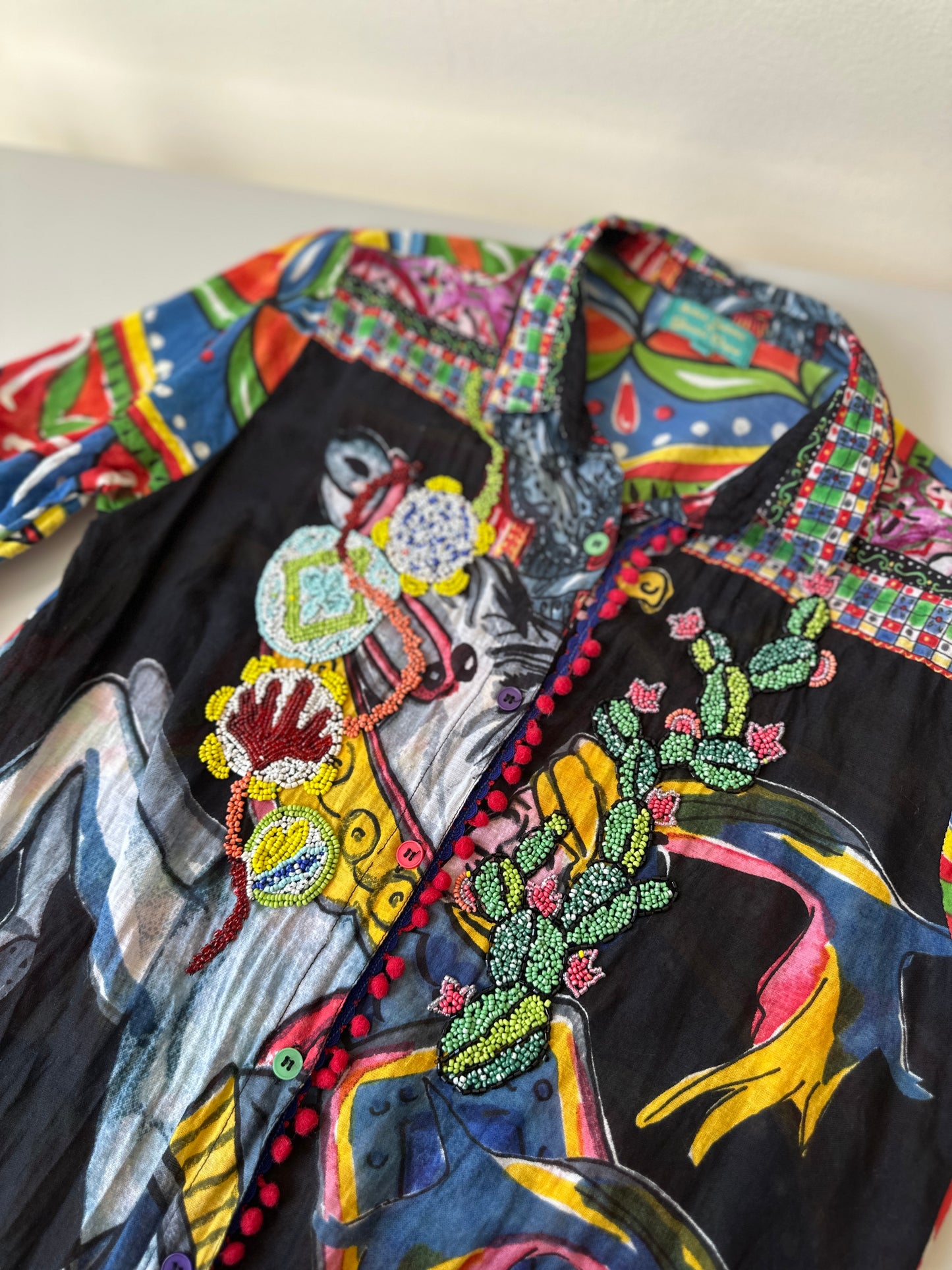 multicoloured patterned & beaded button up