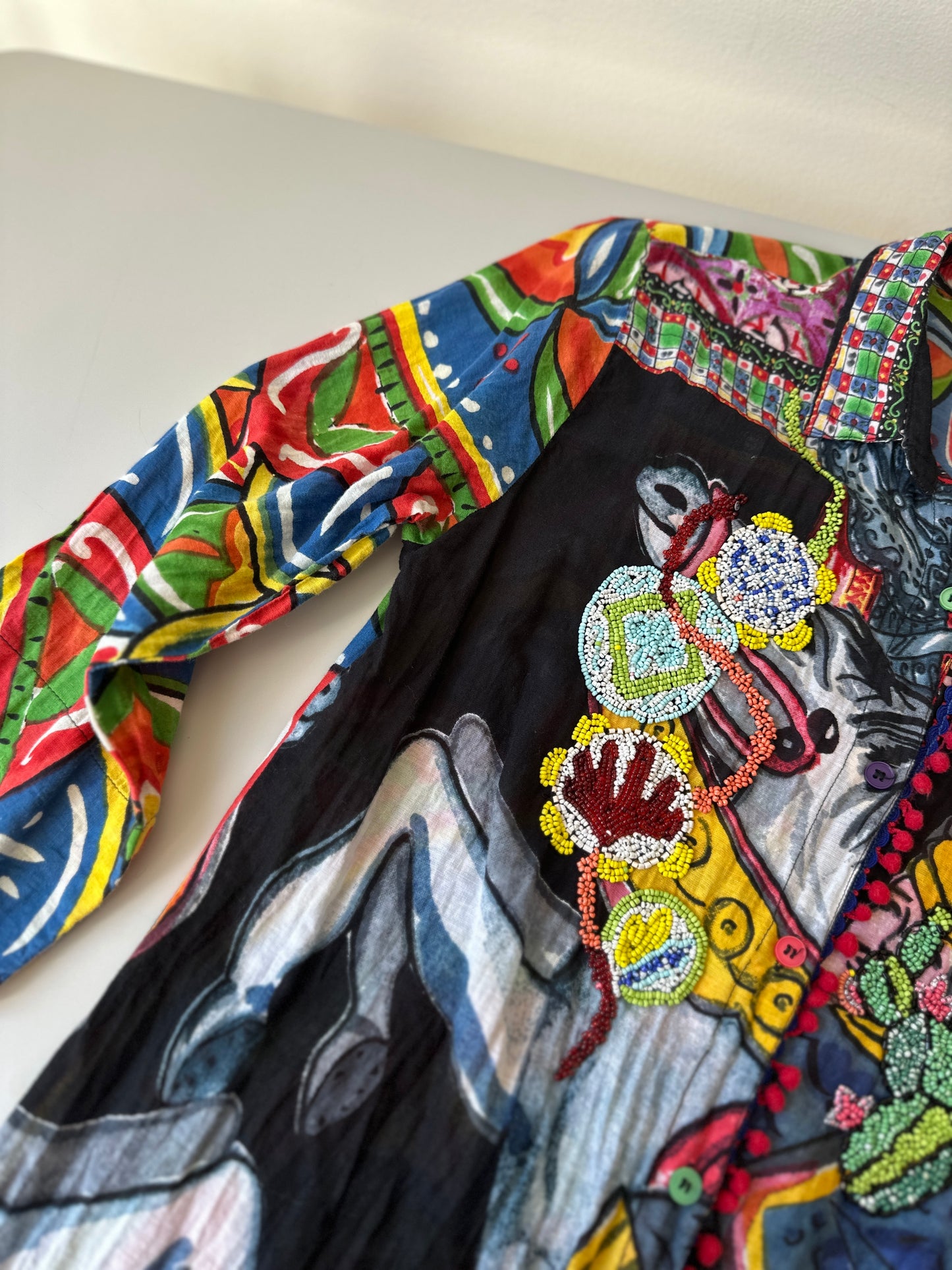 multicoloured patterned & beaded button up