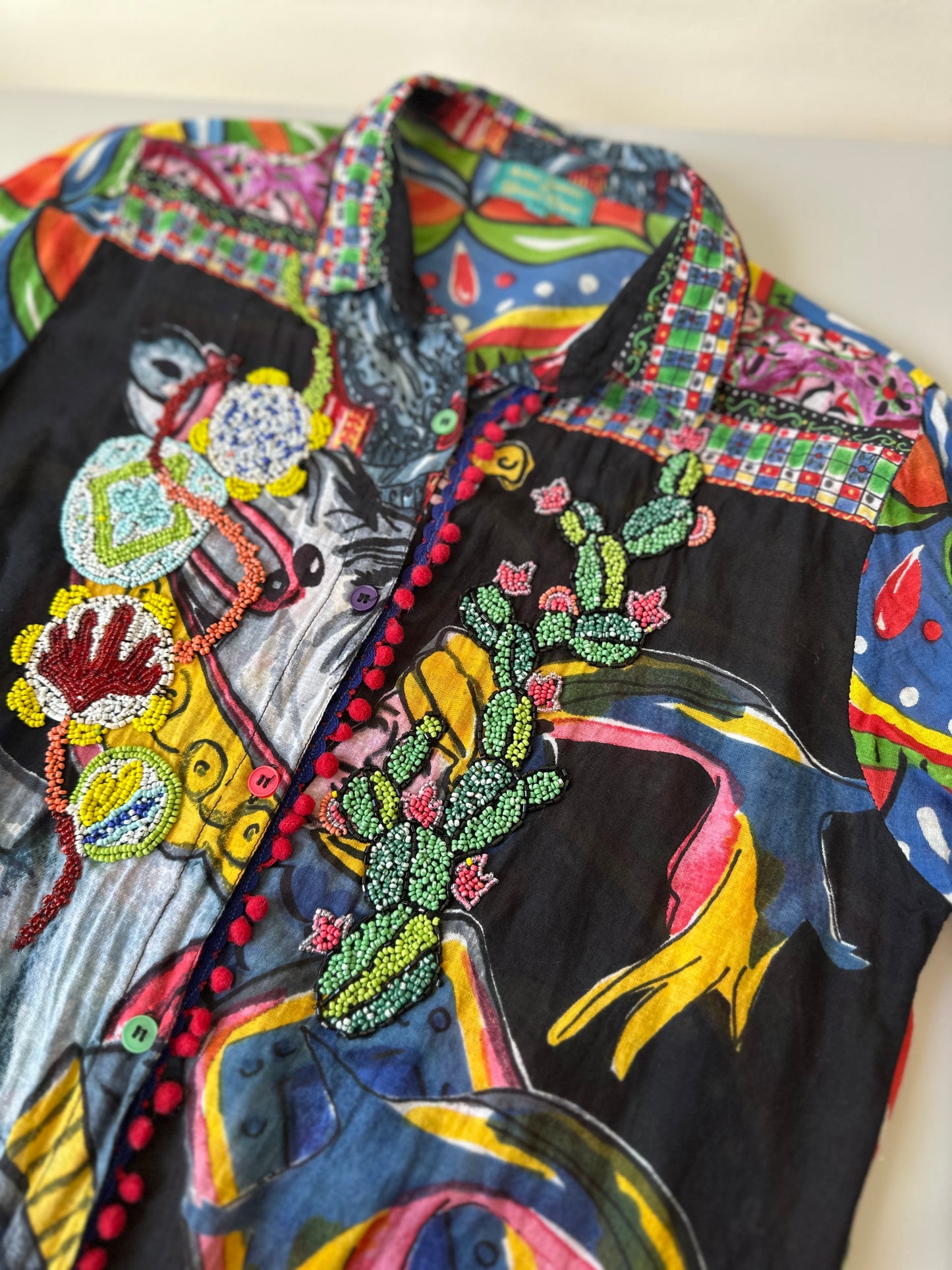 multicoloured patterned & beaded button up