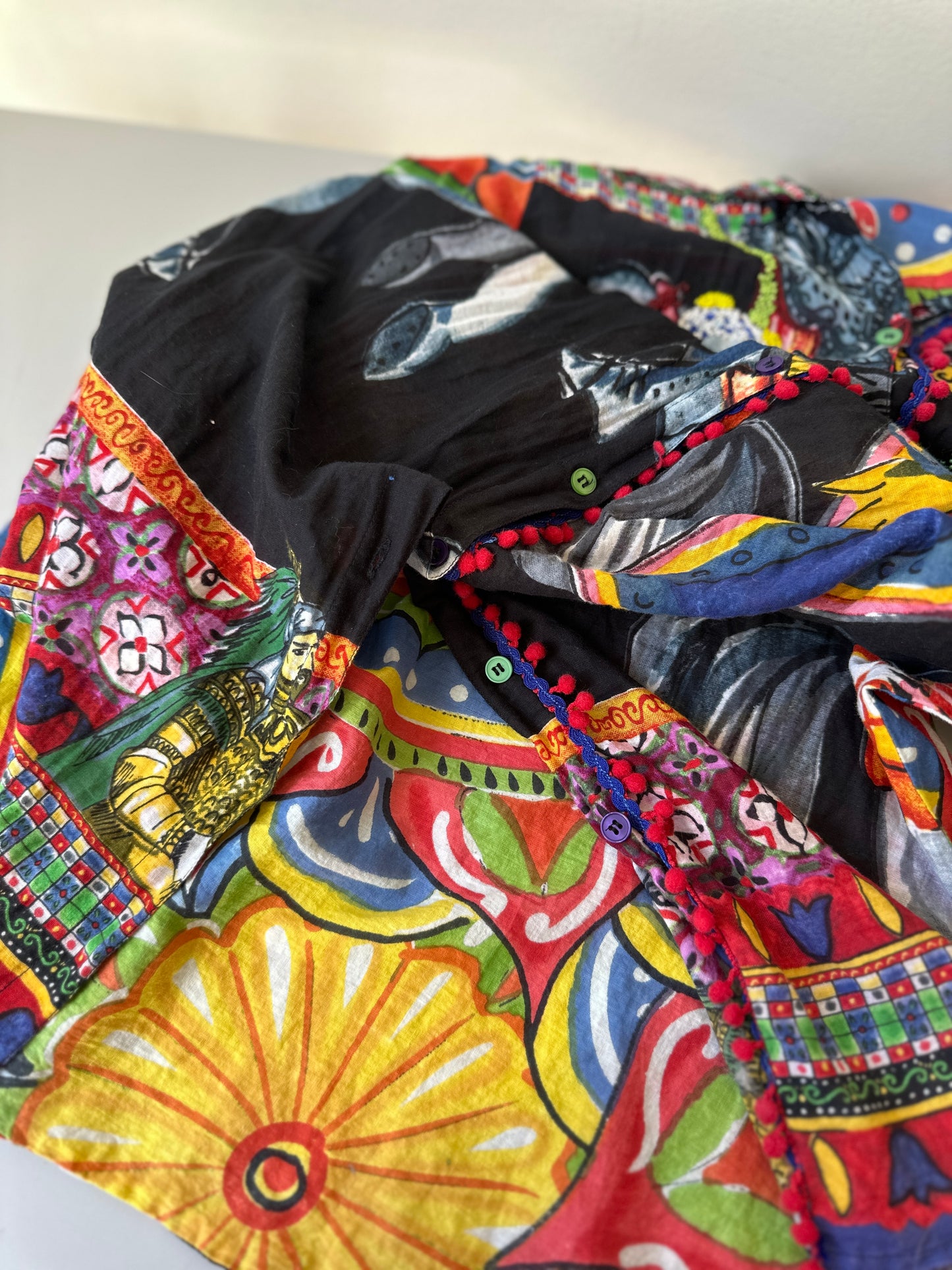 multicoloured patterned & beaded button up