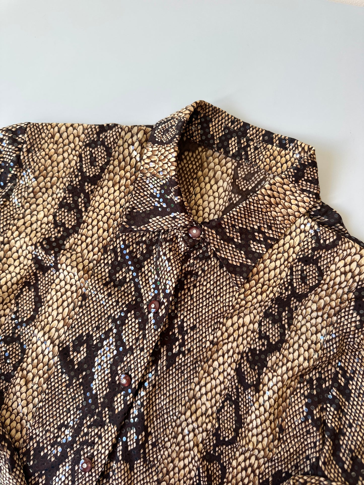 brown snake skin patterned glitter button up
