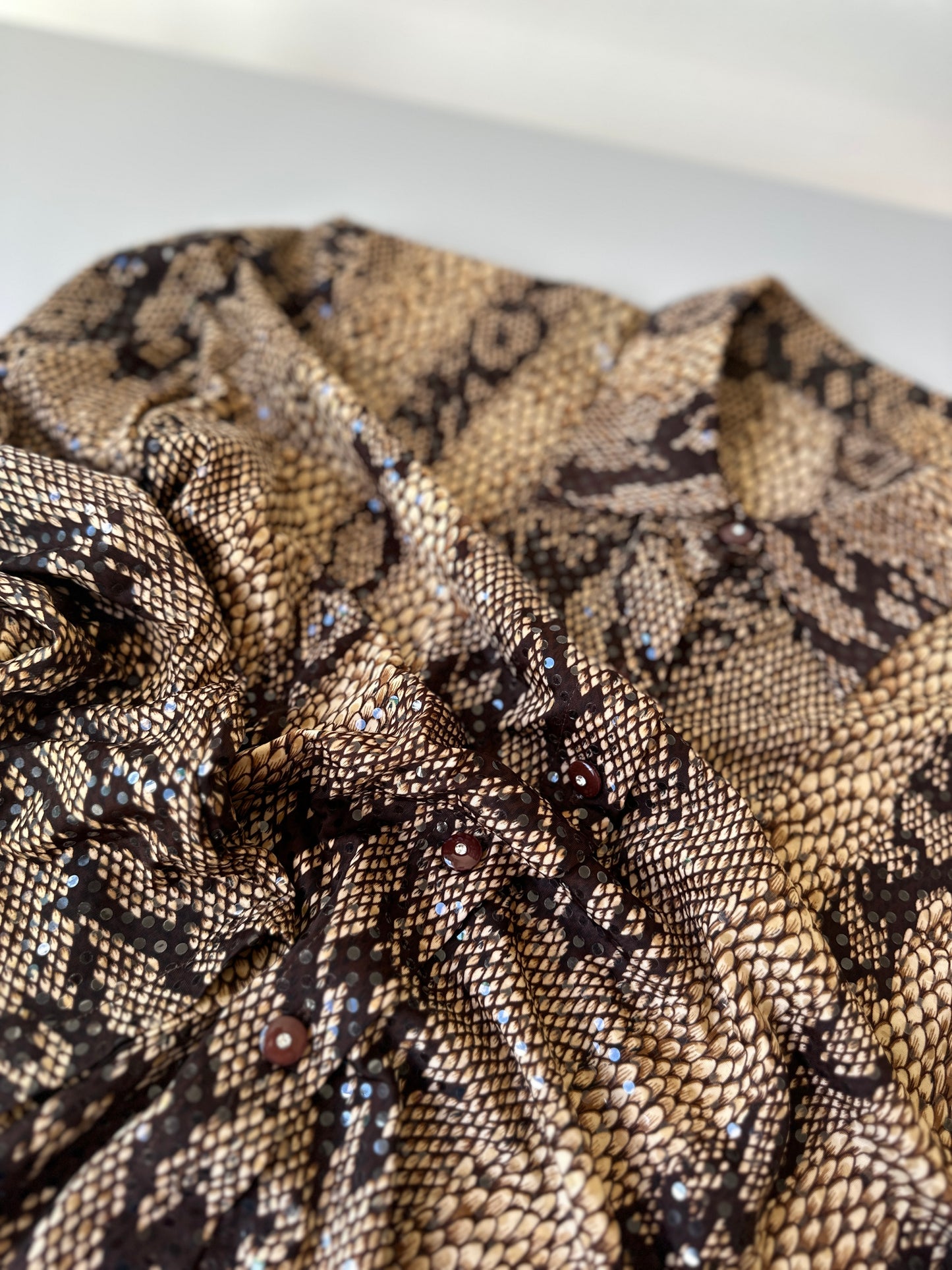 brown snake skin patterned glitter button up