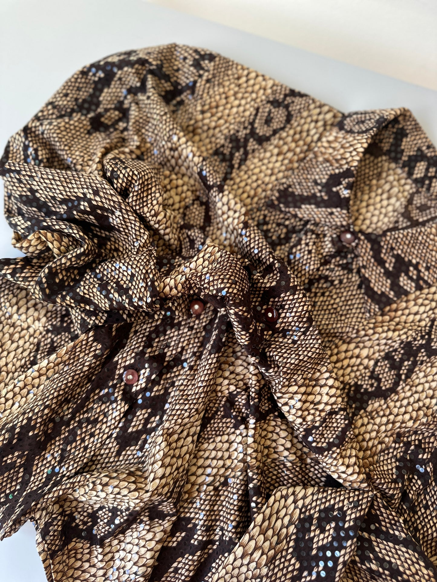 brown snake skin patterned glitter button up