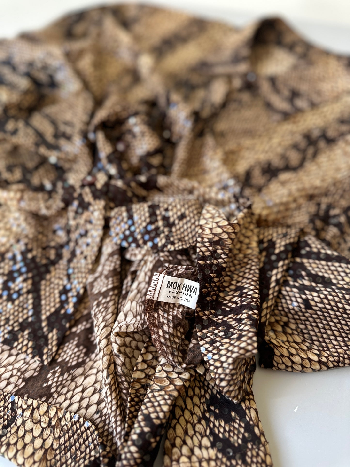 brown snake skin patterned glitter button up