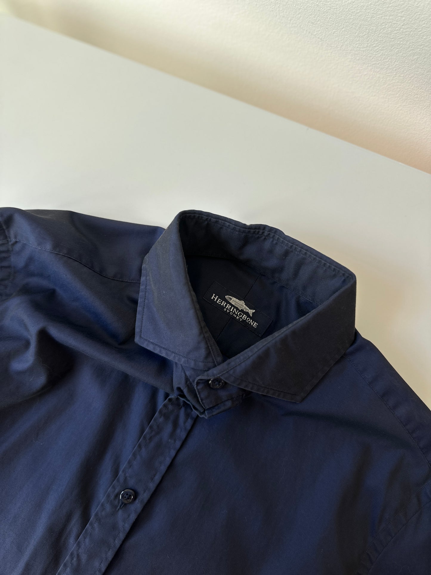navy opaque button up