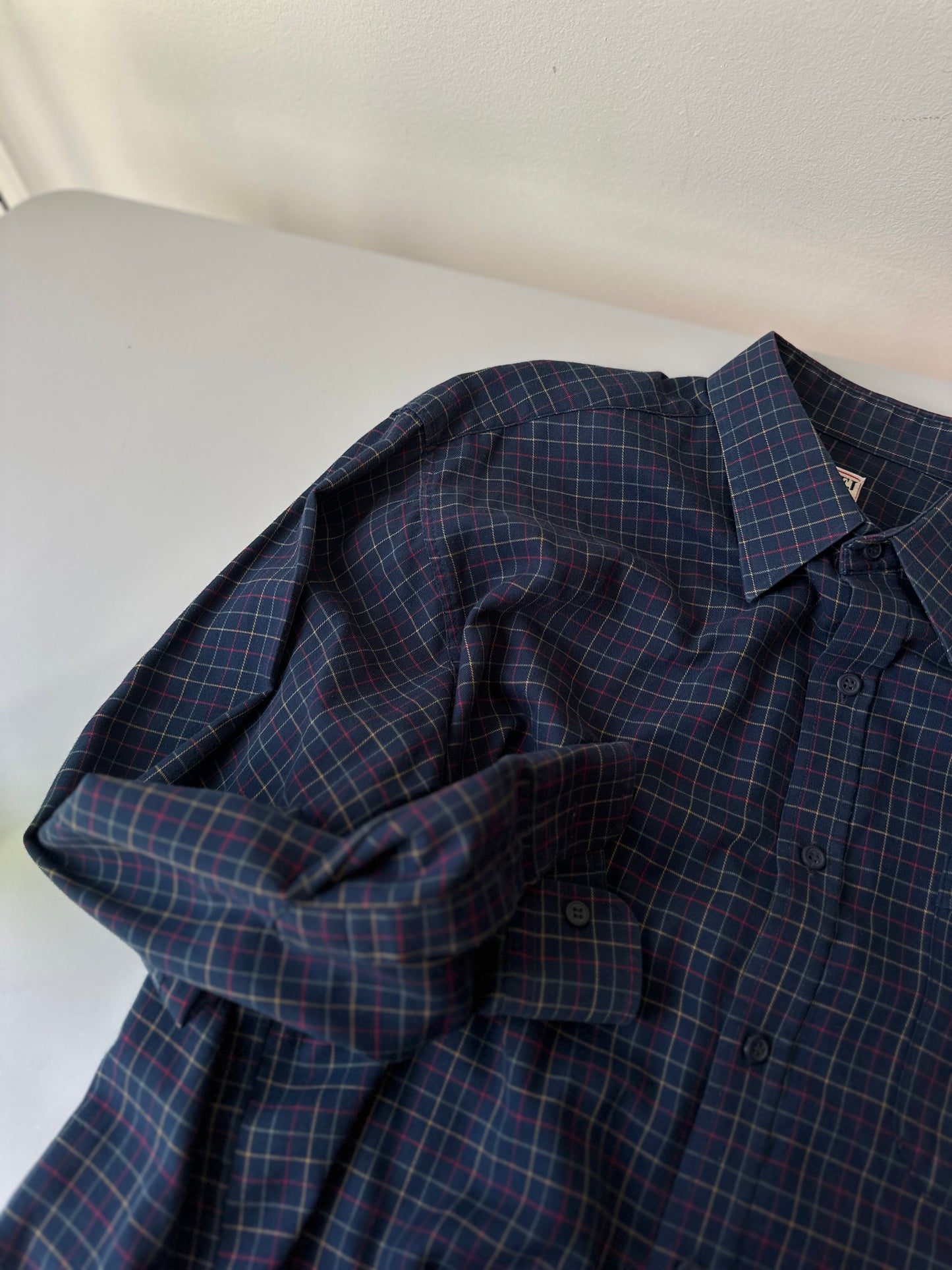 navy crosshatch cotton button up