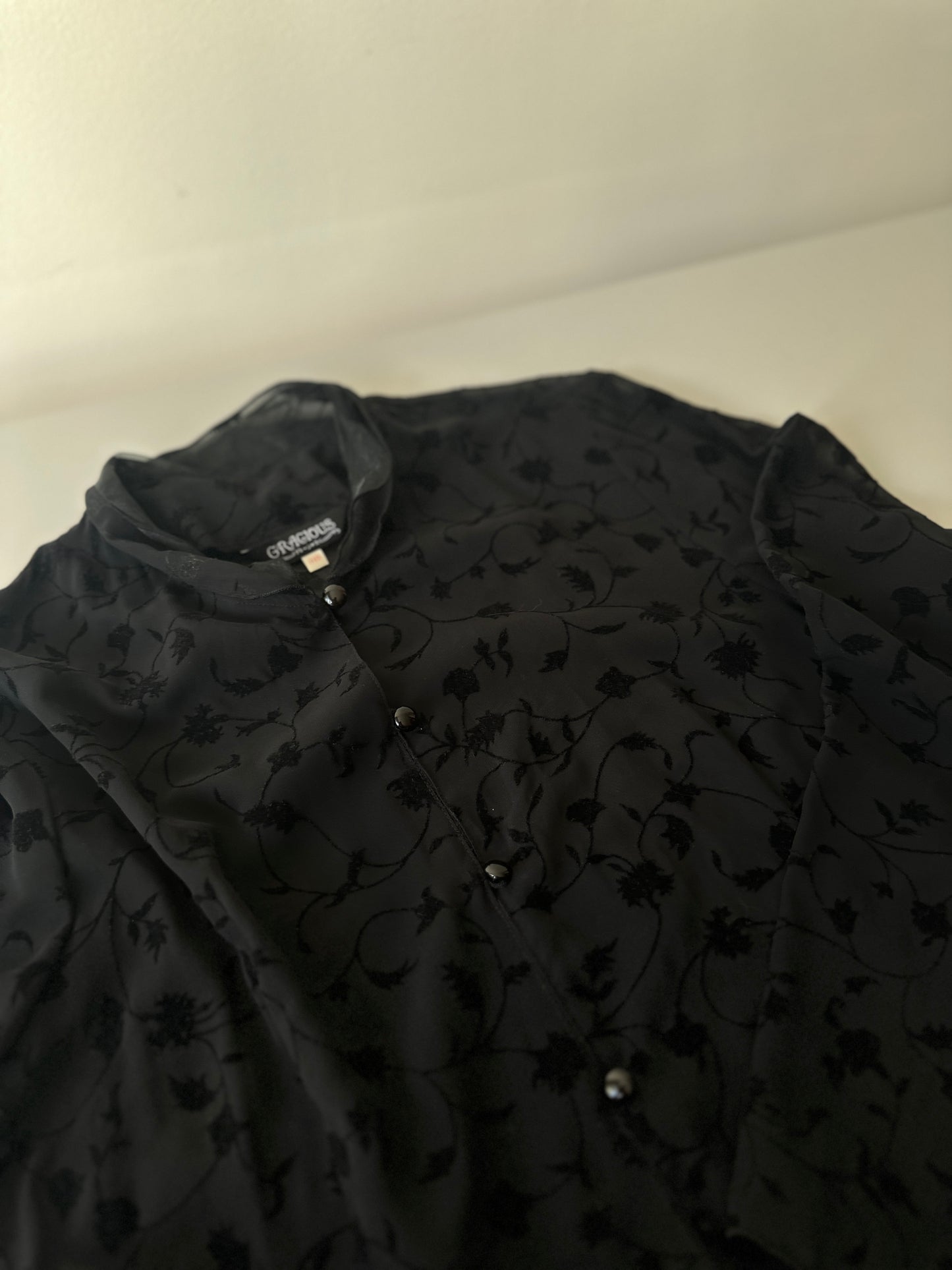 black sheer and velvet button up blouse