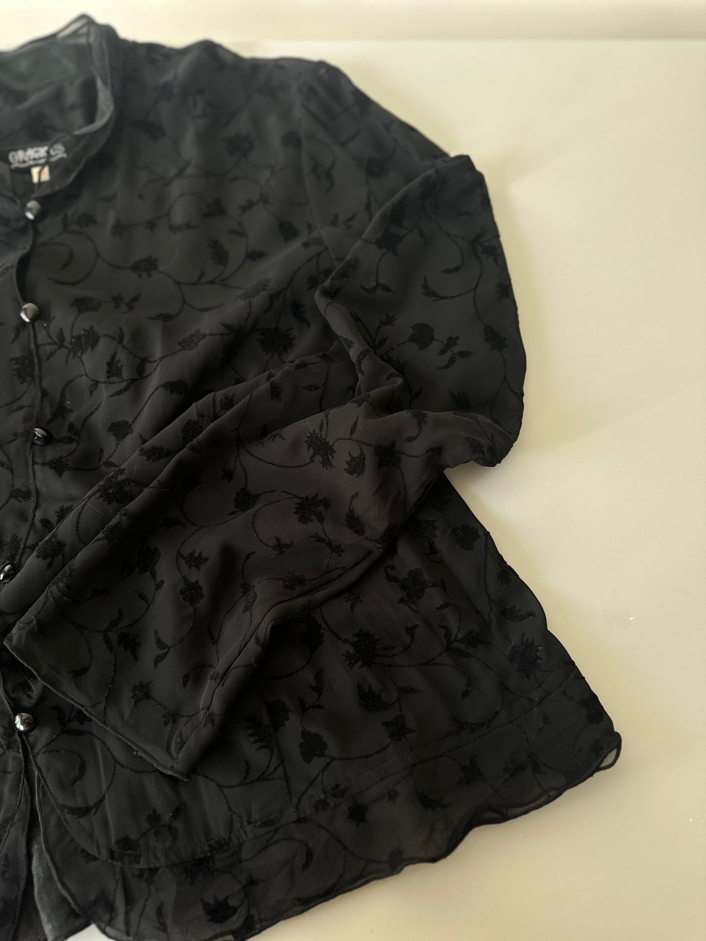black sheer and velvet button up blouse