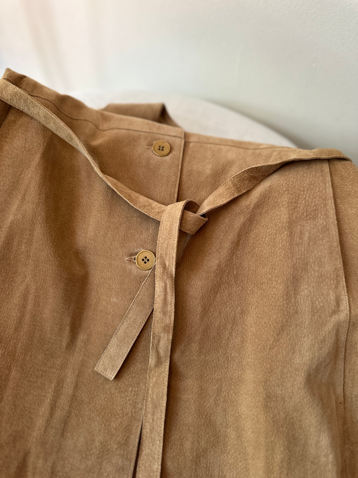 camel suede mid trench coat