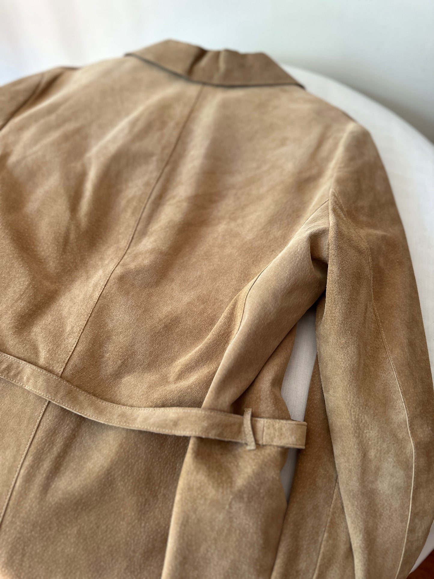 camel suede mid trench coat