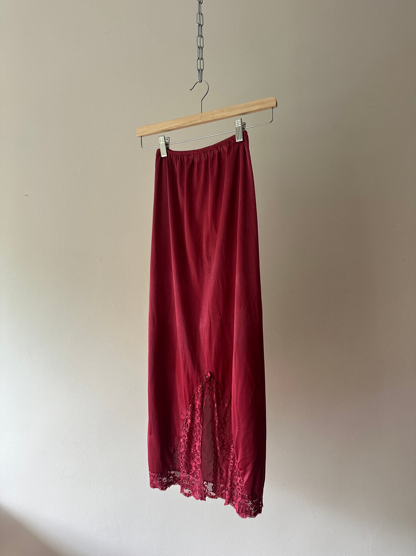 dyed red midi slip skirt