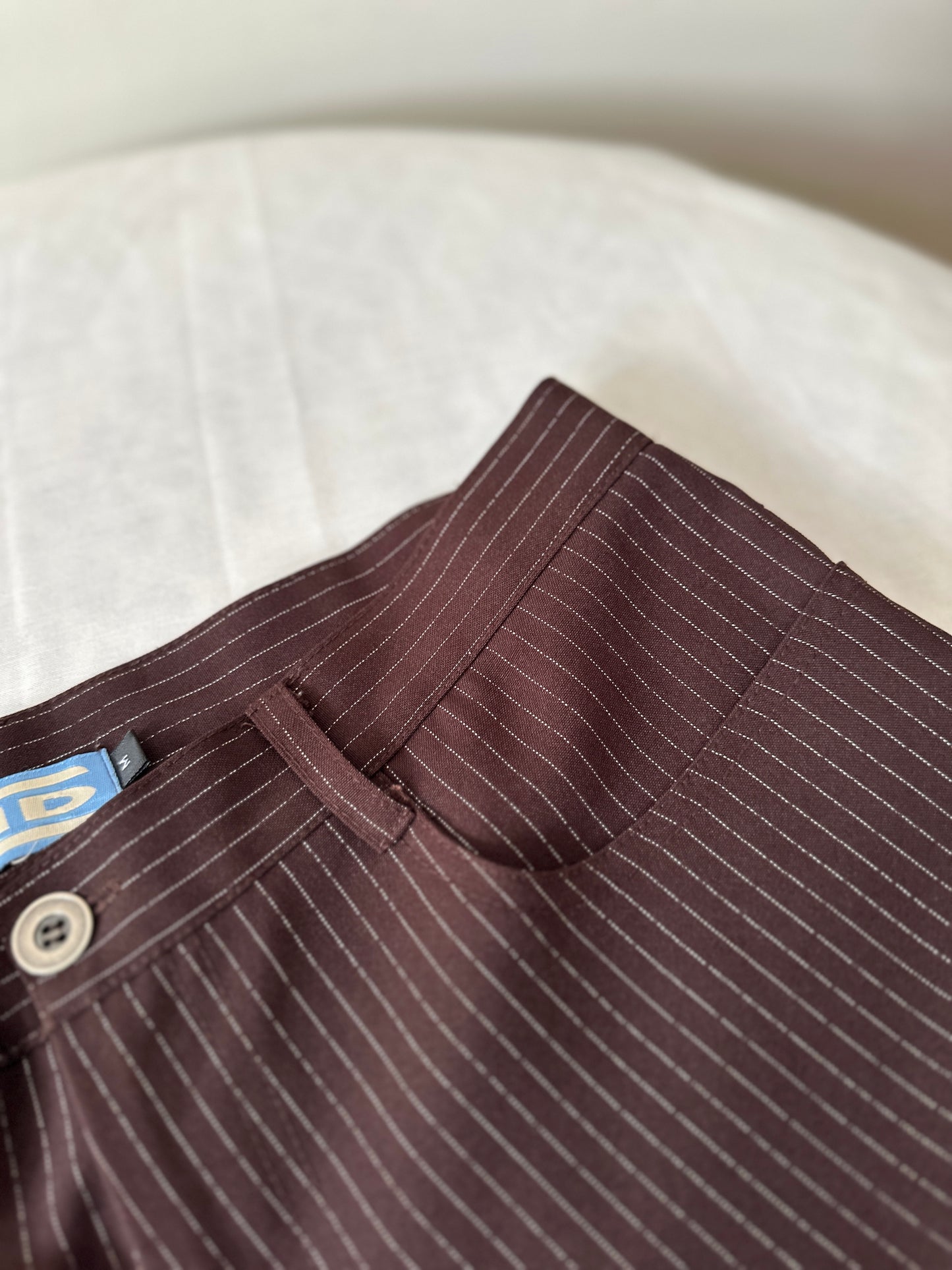 brown pinstripe straight leg pants