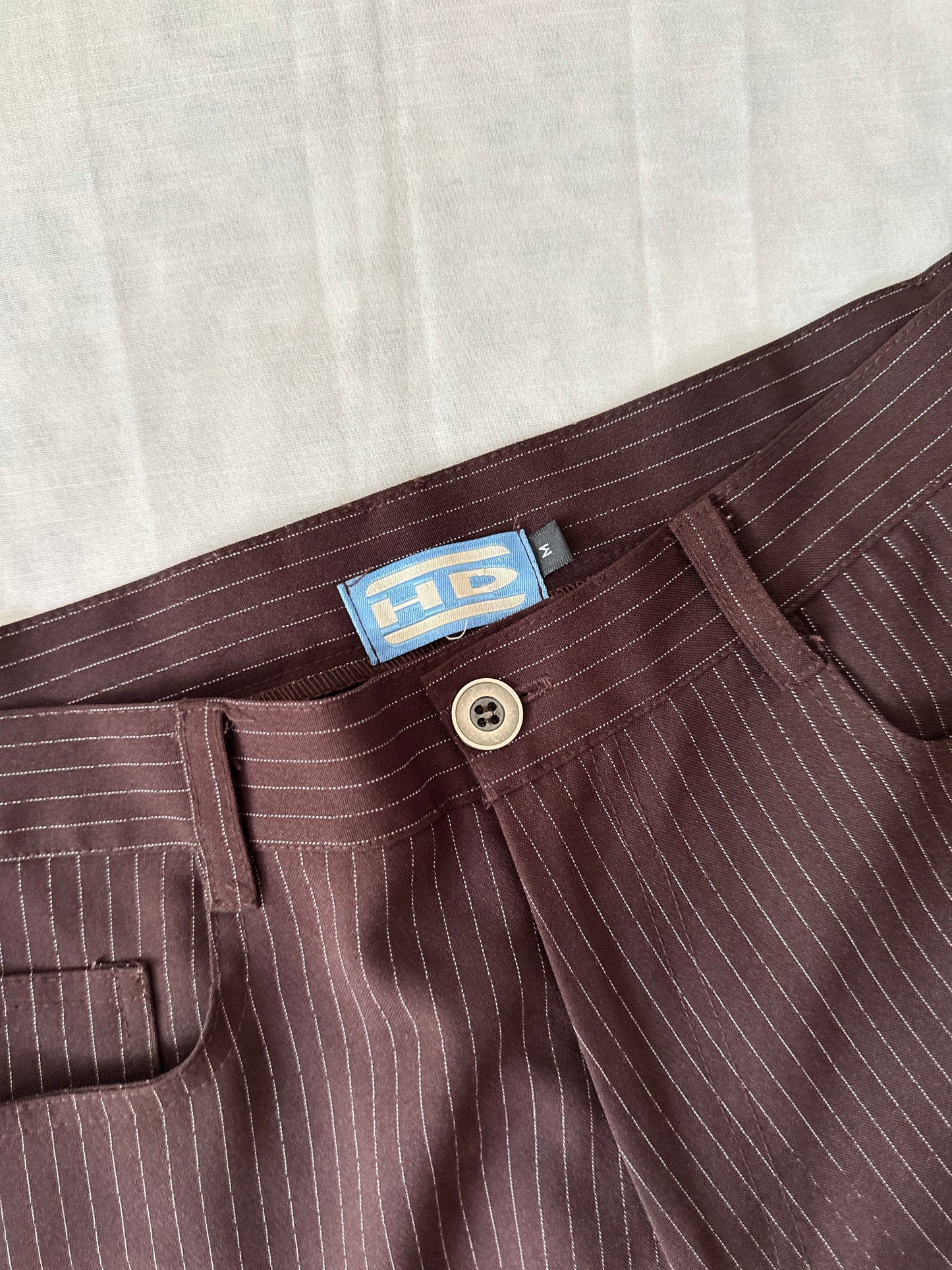 brown pinstripe straight leg pants