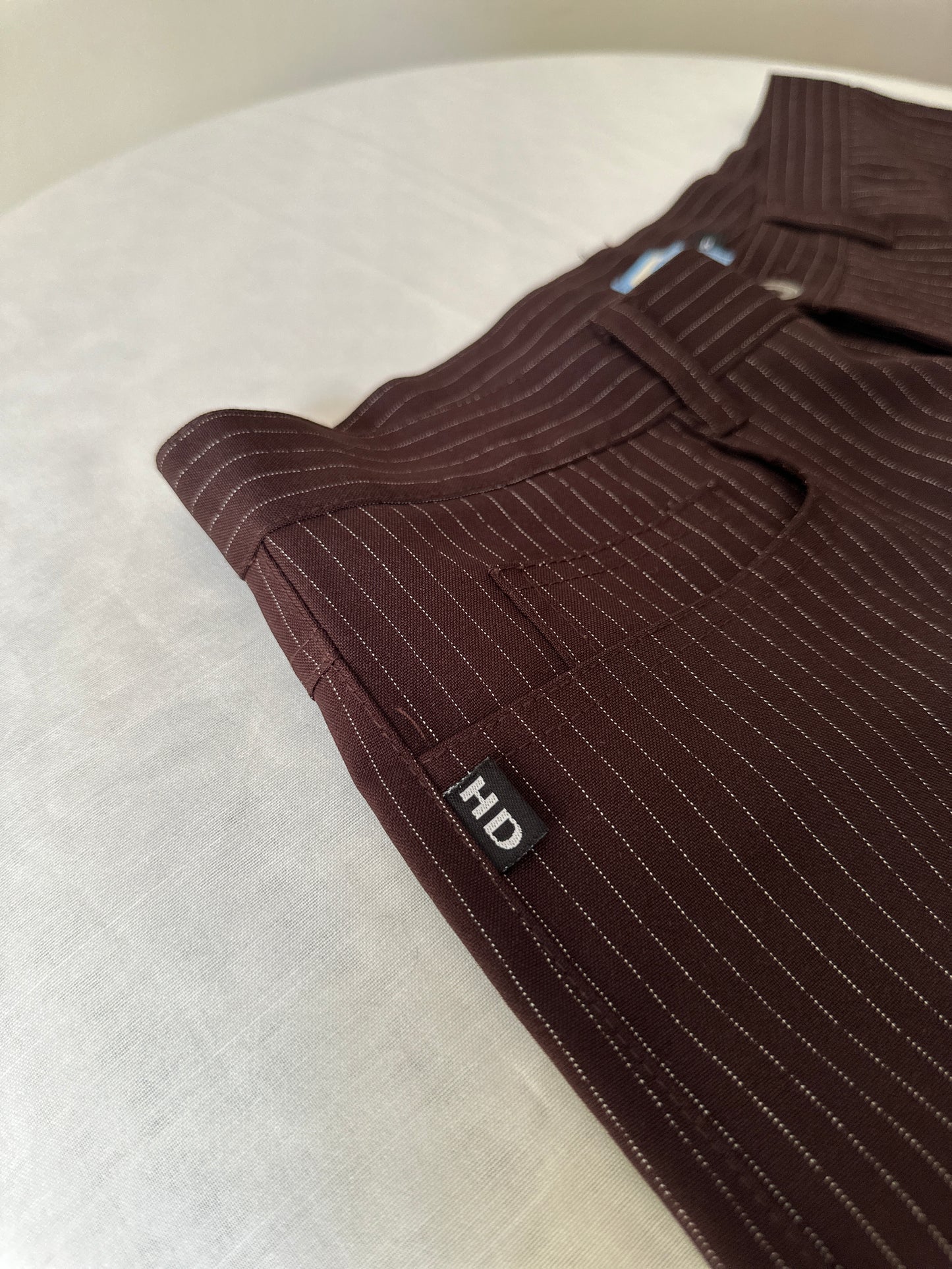 brown pinstripe straight leg pants