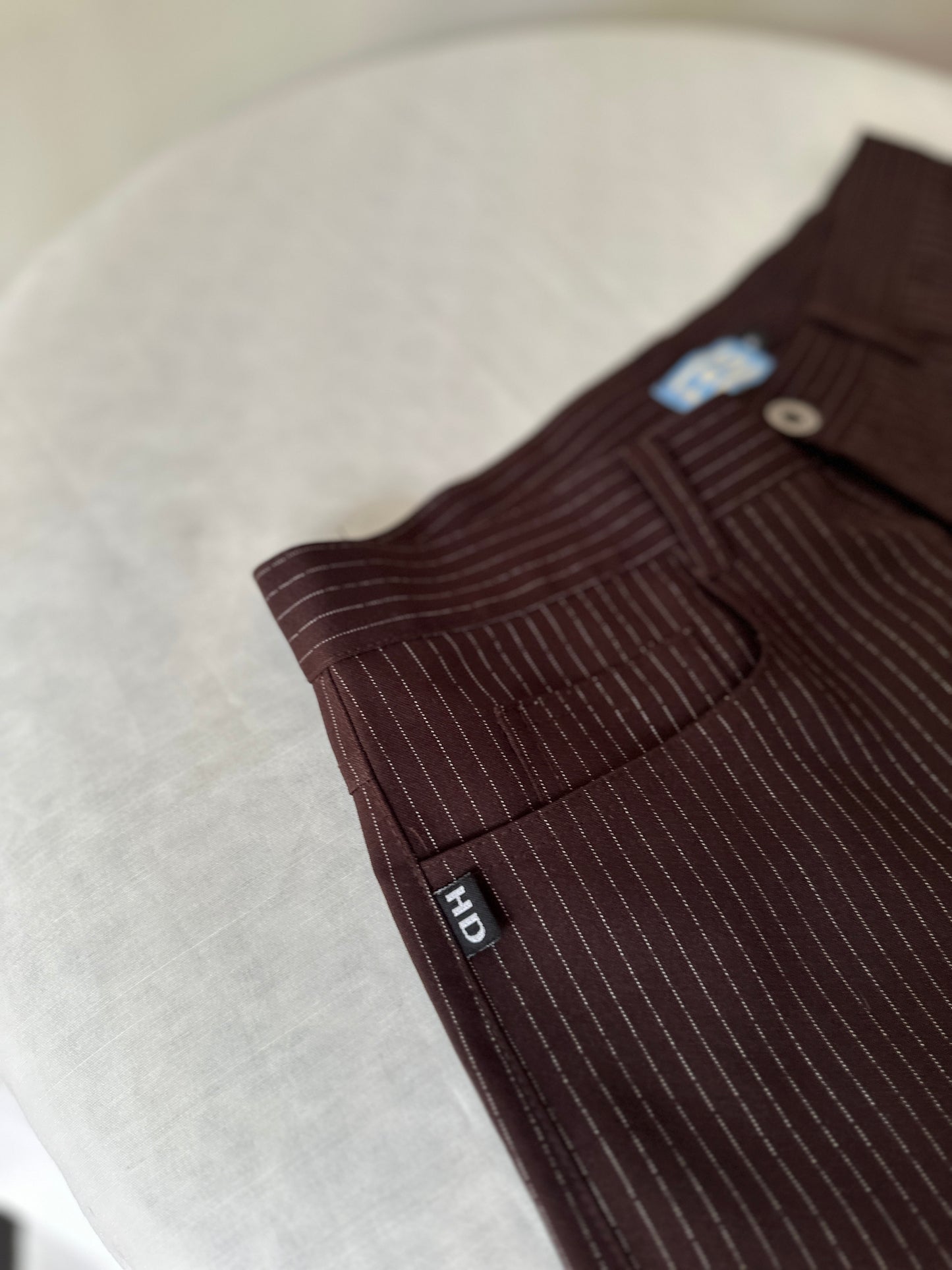 brown pinstripe straight leg pants