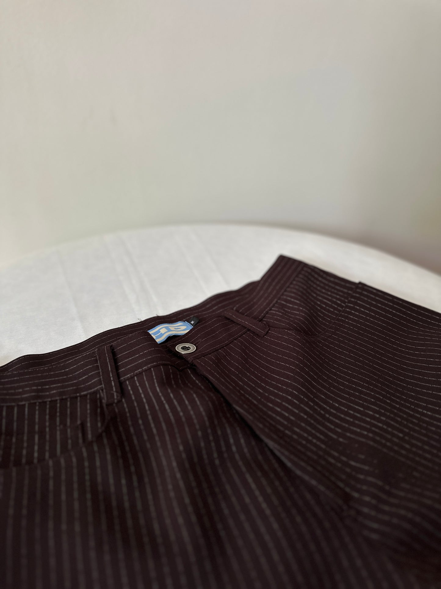 brown pinstripe straight leg pants