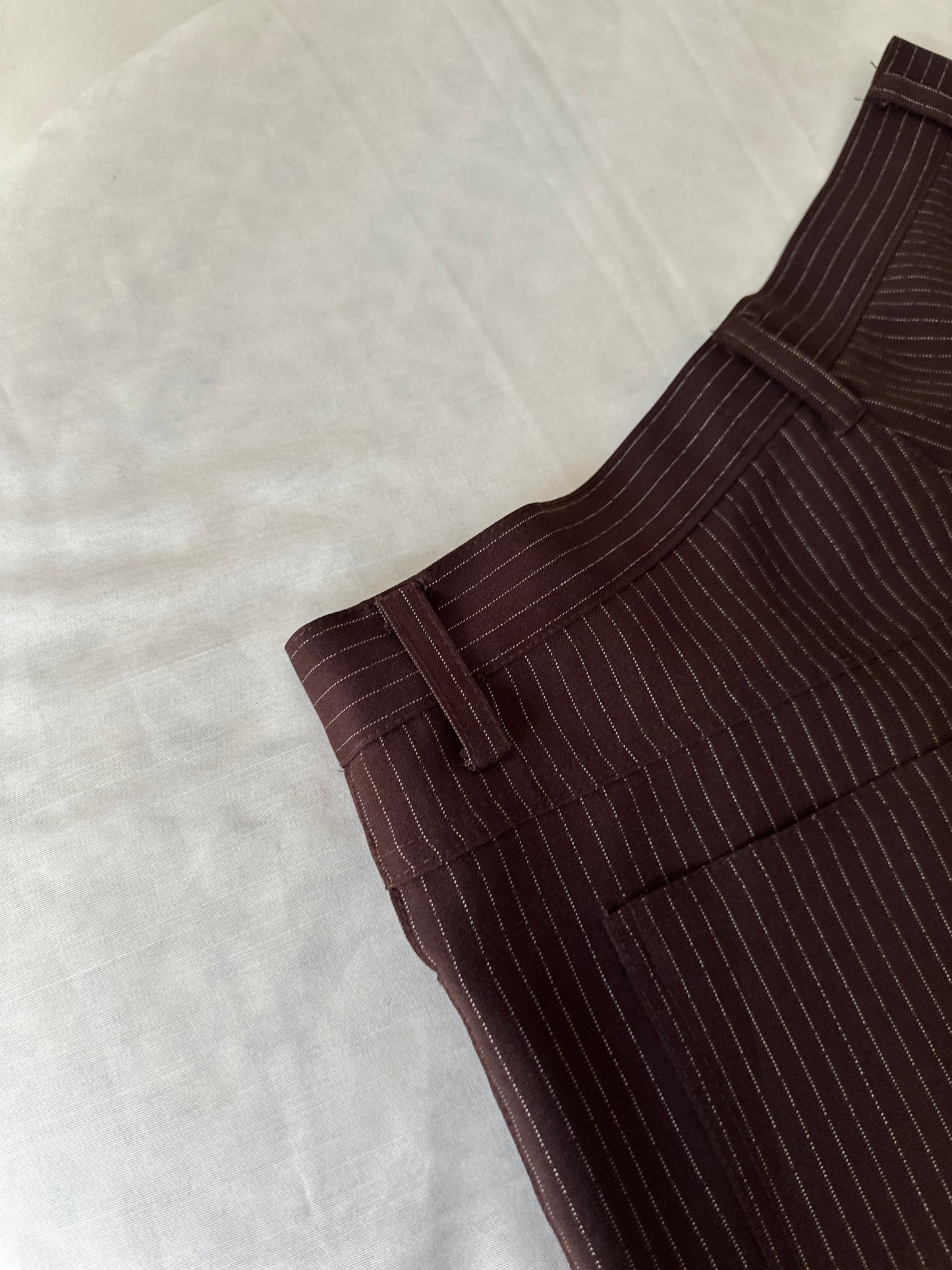 brown pinstripe straight leg pants
