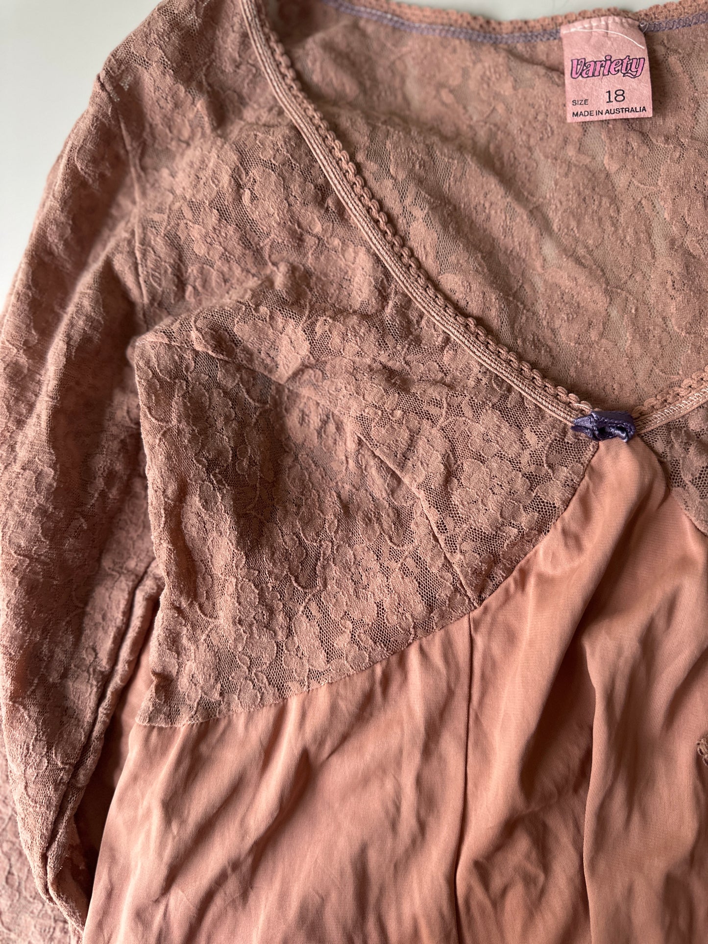 brown dyed long sleeve lace slip