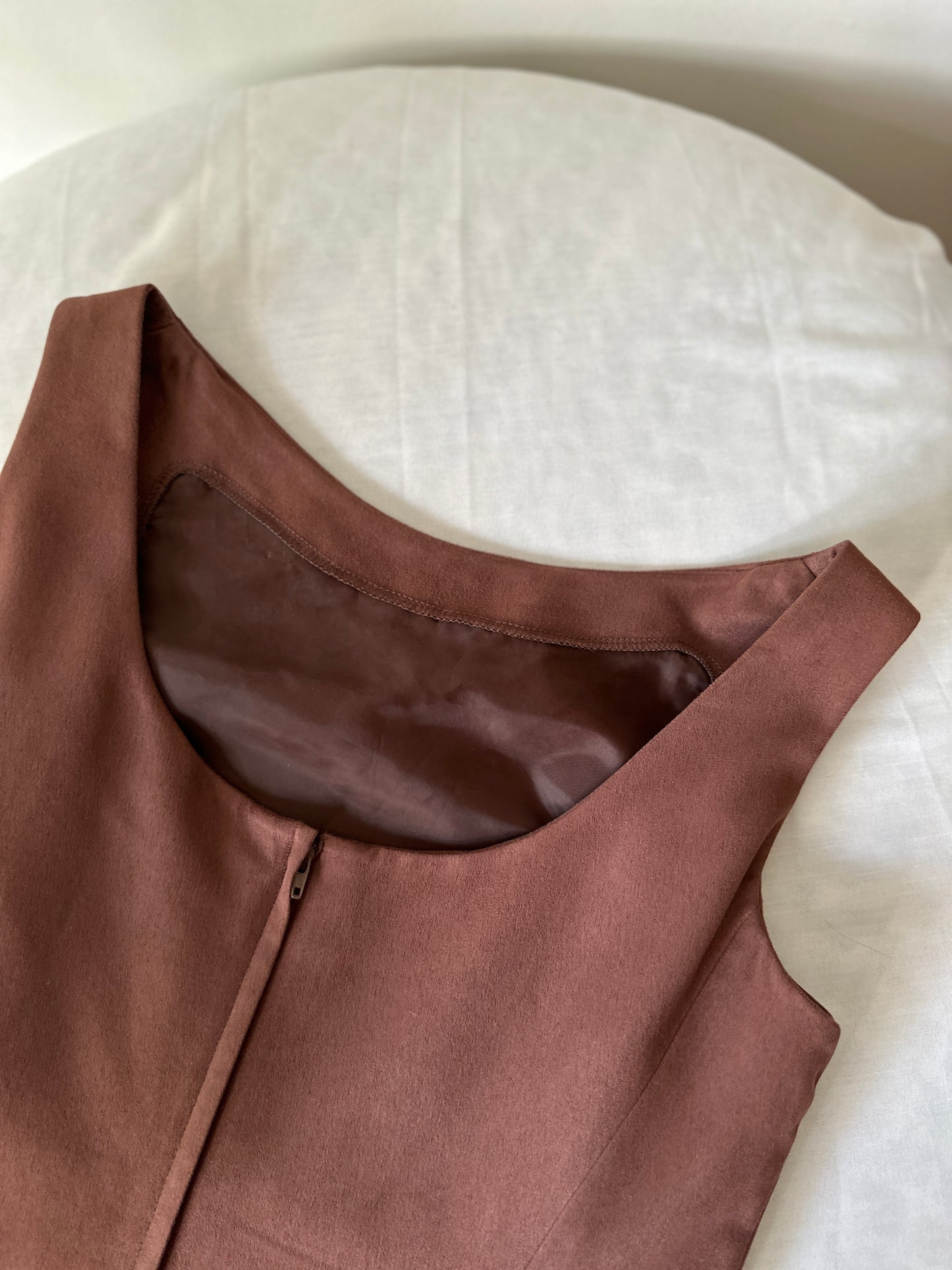 brown suede dress and suit jacket set