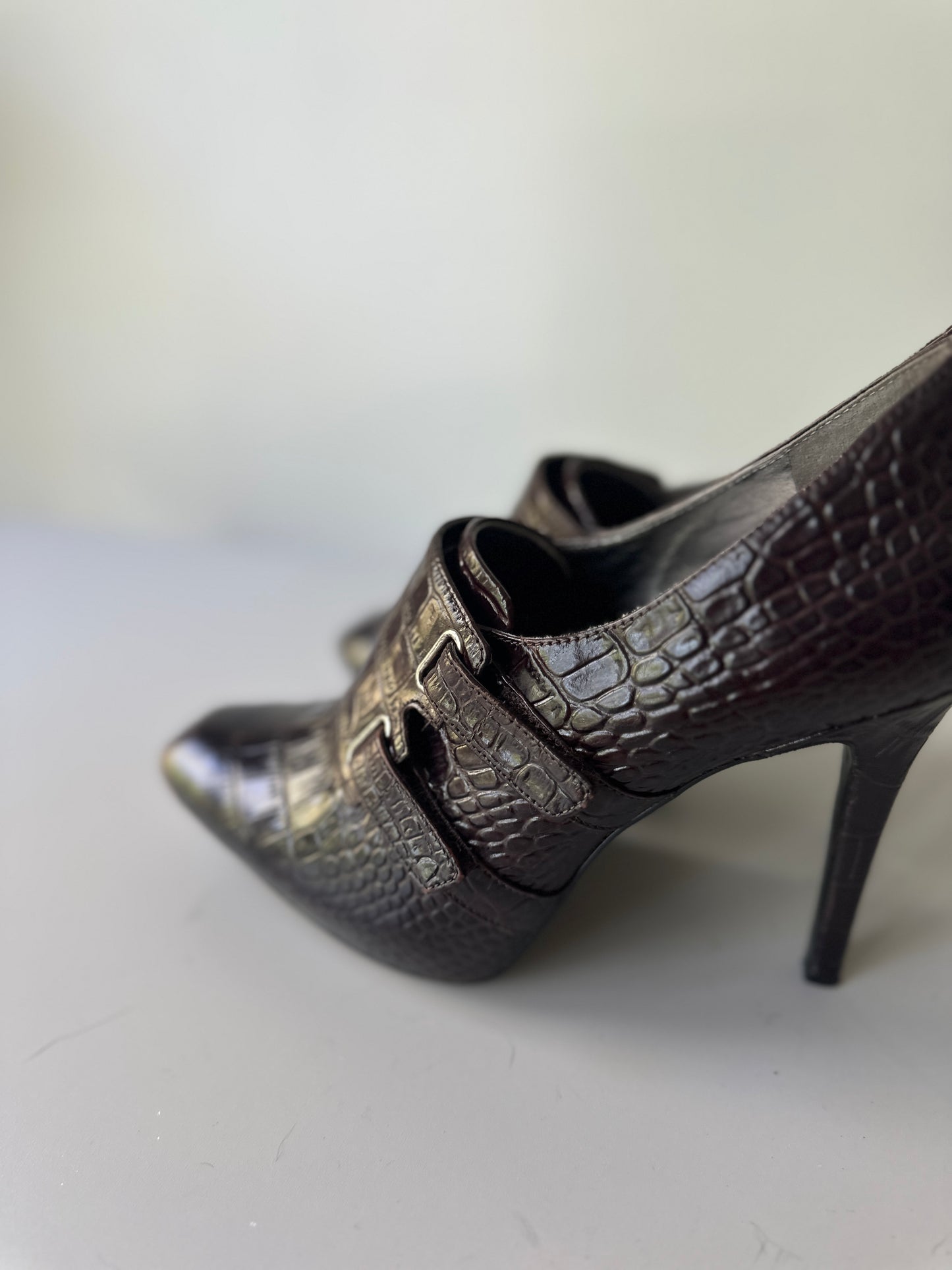 GUESS brown faux crocodile high heels