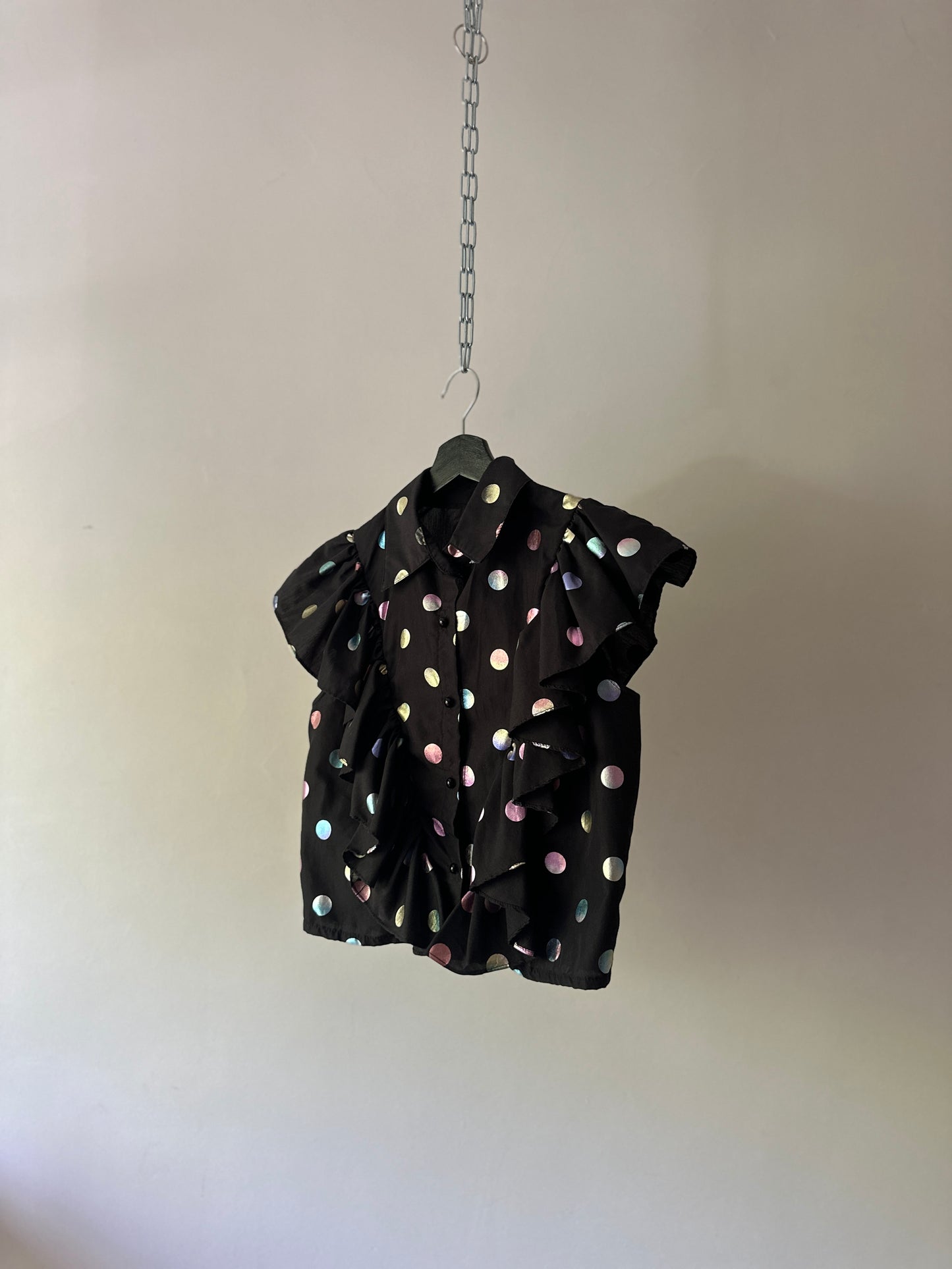 polka dot ruffled button up
