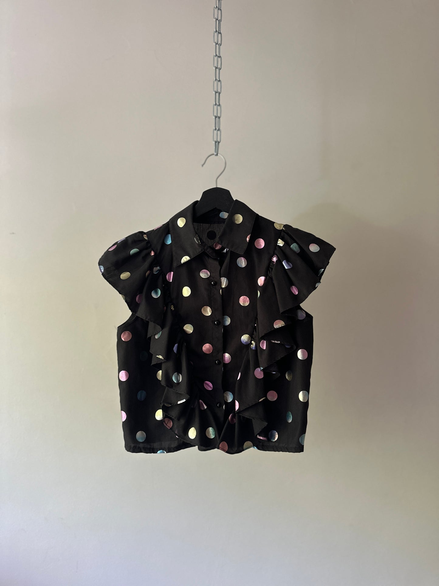 polka dot ruffled button up