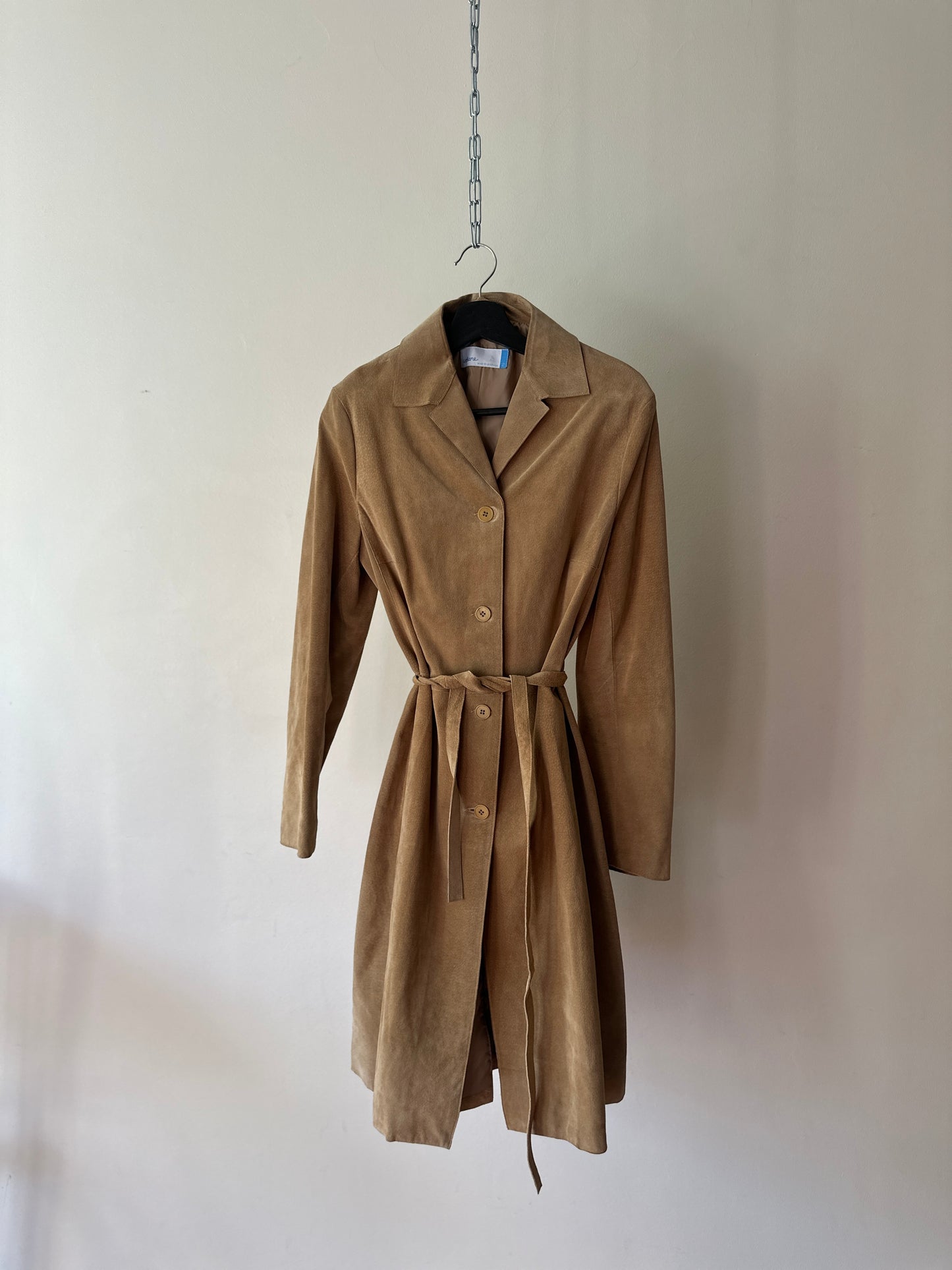 camel suede mid trench coat