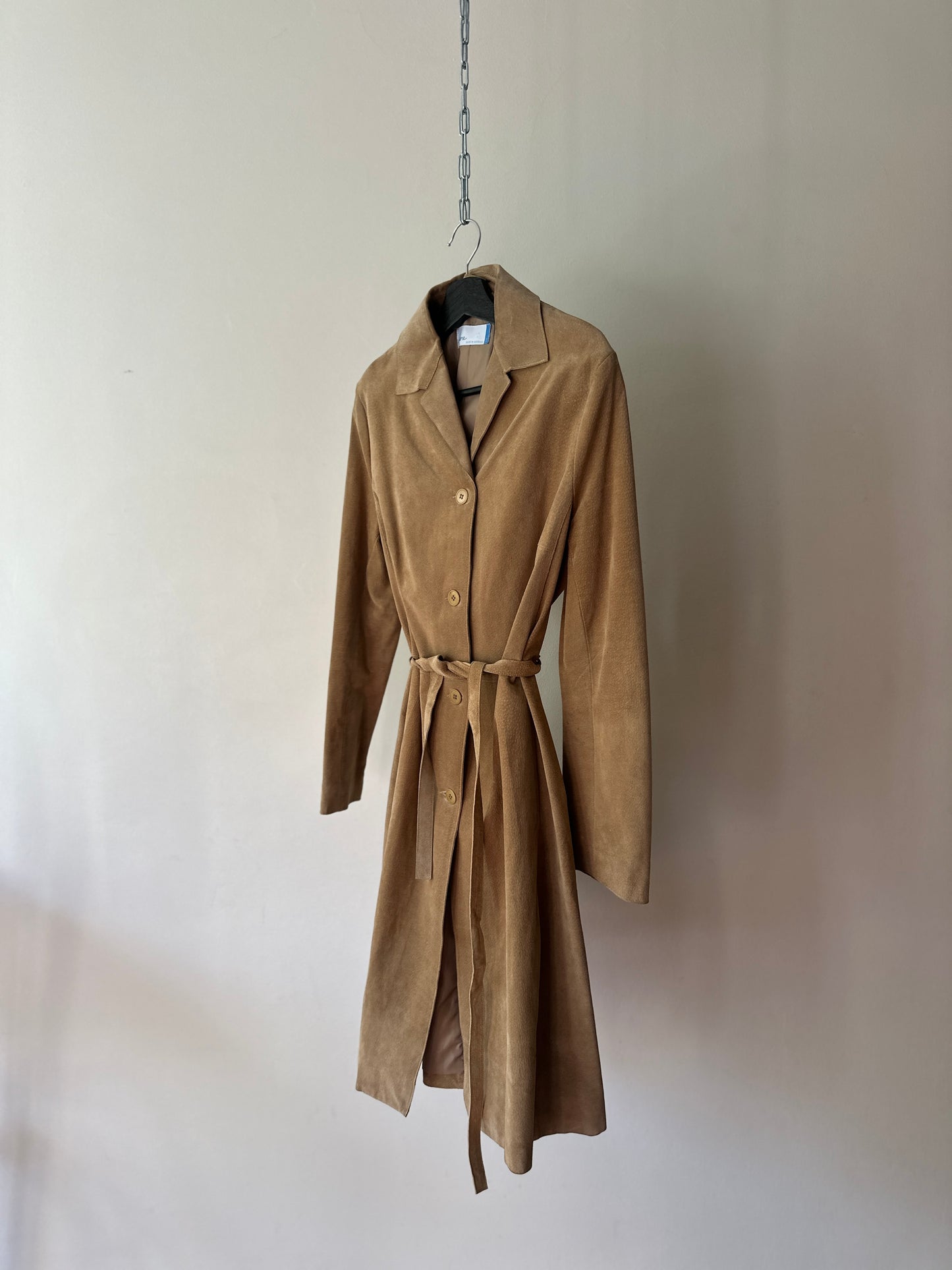 camel suede mid trench coat