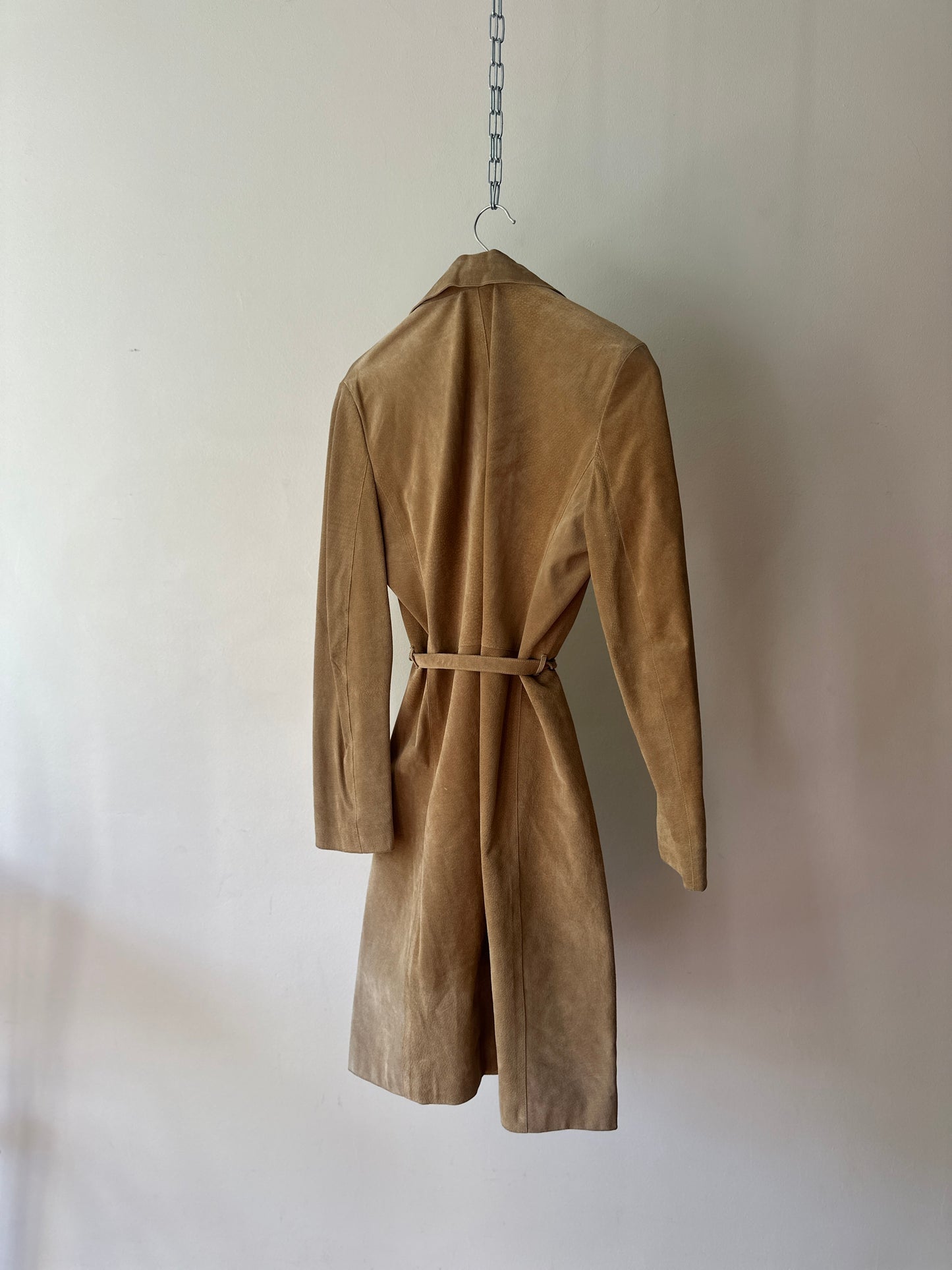 camel suede mid trench coat