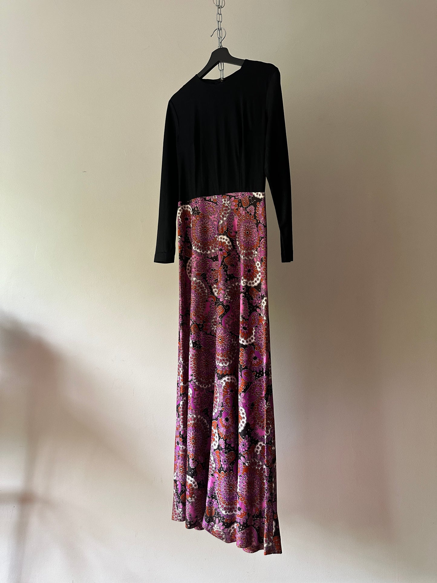 70s long sleeve two tone maxi dress